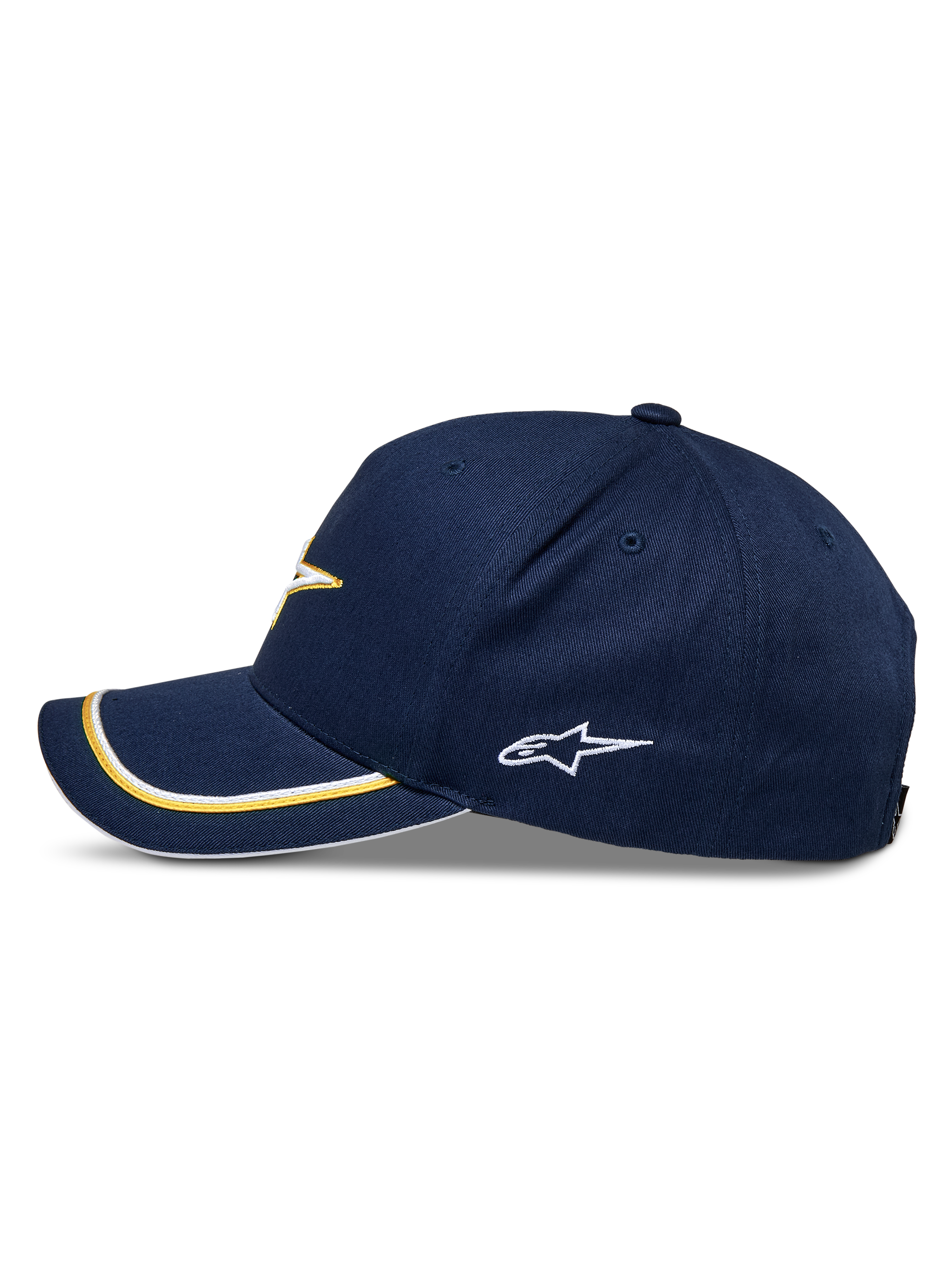 Alpinestars Ascension Snapback keps, marinblå och guld, sidoprofil med en böjd skärm med dubbel soutache-kant i guld och vitt, broderad sidologotyp, avslappnad motorsport-streetwear