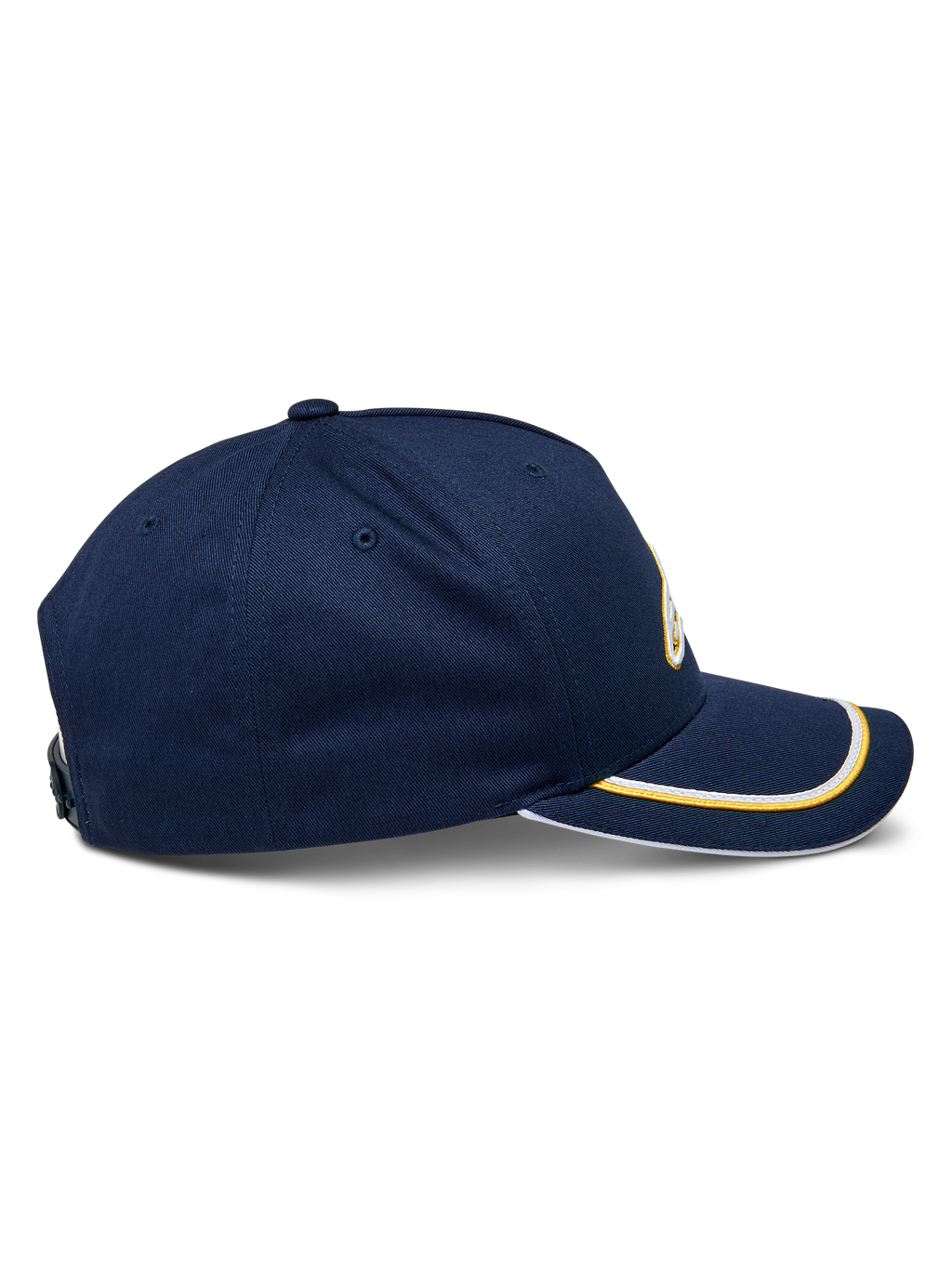 Alpinestars Ascension Snapback-keps, sidovy, marinblå med guld- och vit soutache-kant på den böjda skärmen, strukturerad krona, avslappnad motorsport-huvudbonad