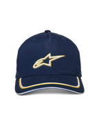 Alpinestars Ascension Snapback-keps, marinblå och guld, 3D-broderad vit och guldfärgad Astars-logotyp, böjd skärm med dubbel soutache-kant, avslappnad motorsportinspirerad keps