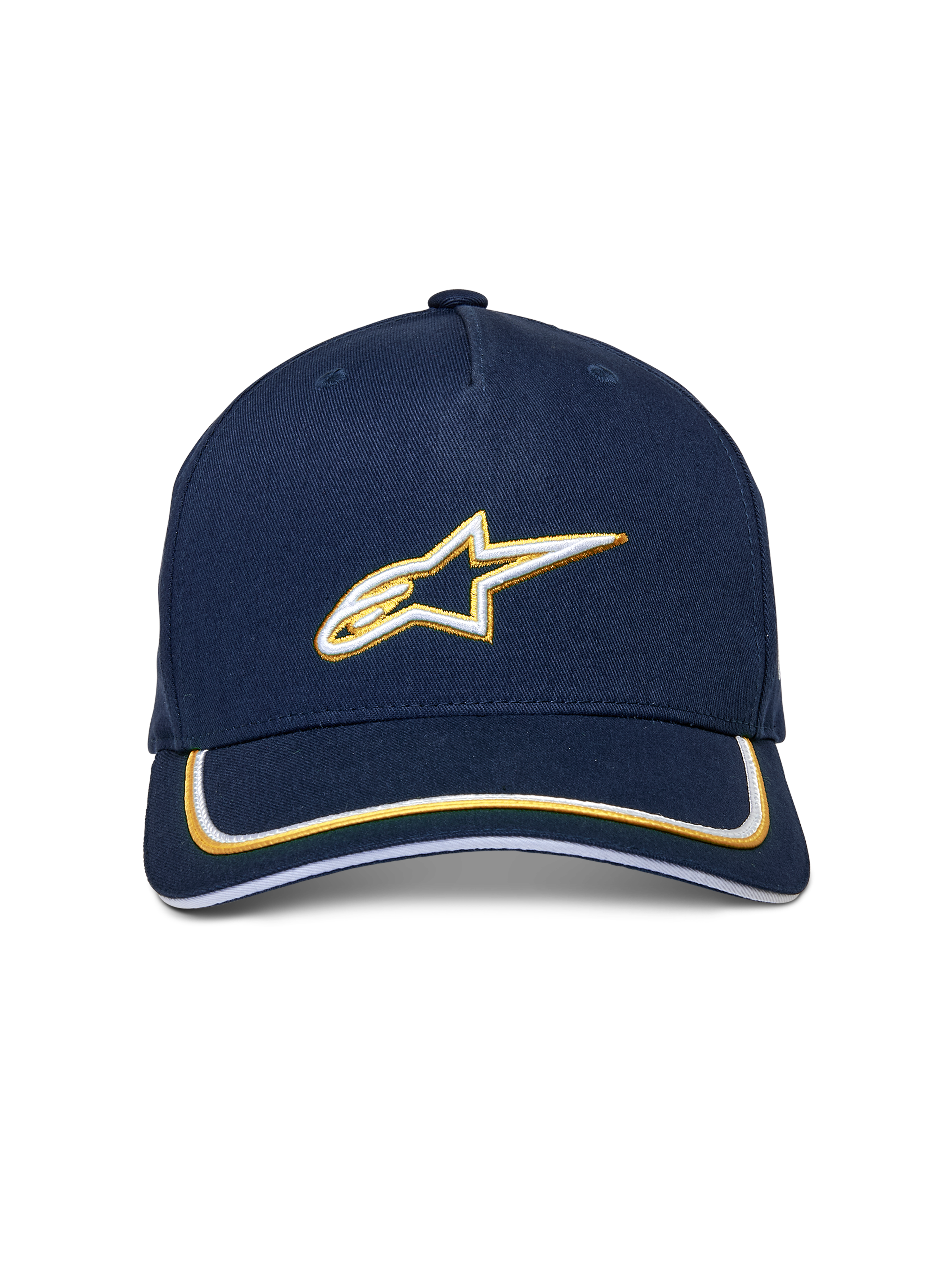 Alpinestars Ascension Snapback-keps, marinblå och guld, 3D-broderad vit och guldfärgad Astars-logotyp, böjd skärm med dubbel soutache-kant, avslappnad motorsportinspirerad keps