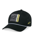 Alpinestars Specific Snapback Hat, Black, curved bill with white braided rope trim, grey and yellow front logo patch, side yellow logo embroidery, structured crown, casual motorsport-inspired headwear