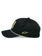 Alpinestars Specific Snapback Hat, Snapback Hat, Black, side profile view featuring curved bill with white braided rope trim, yellow Astars logo embroidery on the side, structured crown, casual headwear