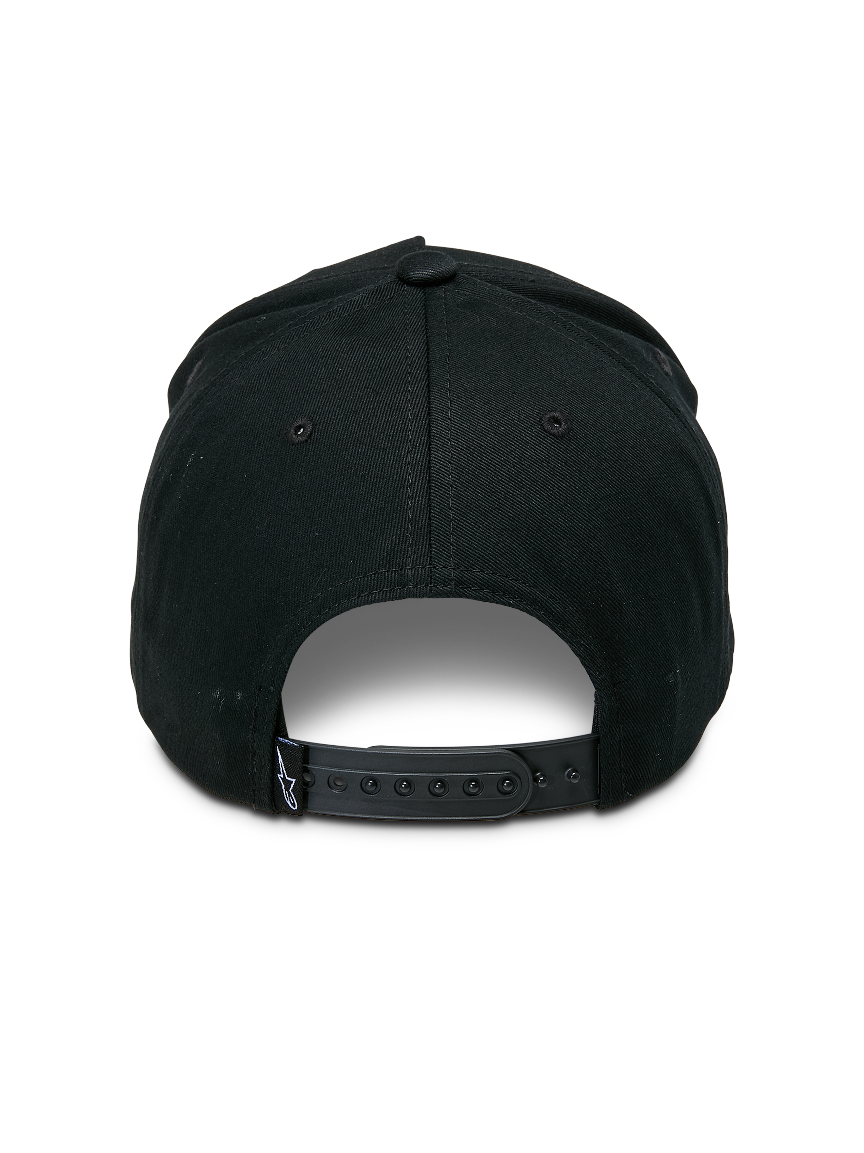 Alpinestars Specific Snapback Hat, Black, rear view featuring an adjustable plastic snap-back closure and a small white Astars logo on the back tag, structured crown, casual motorsport headwear