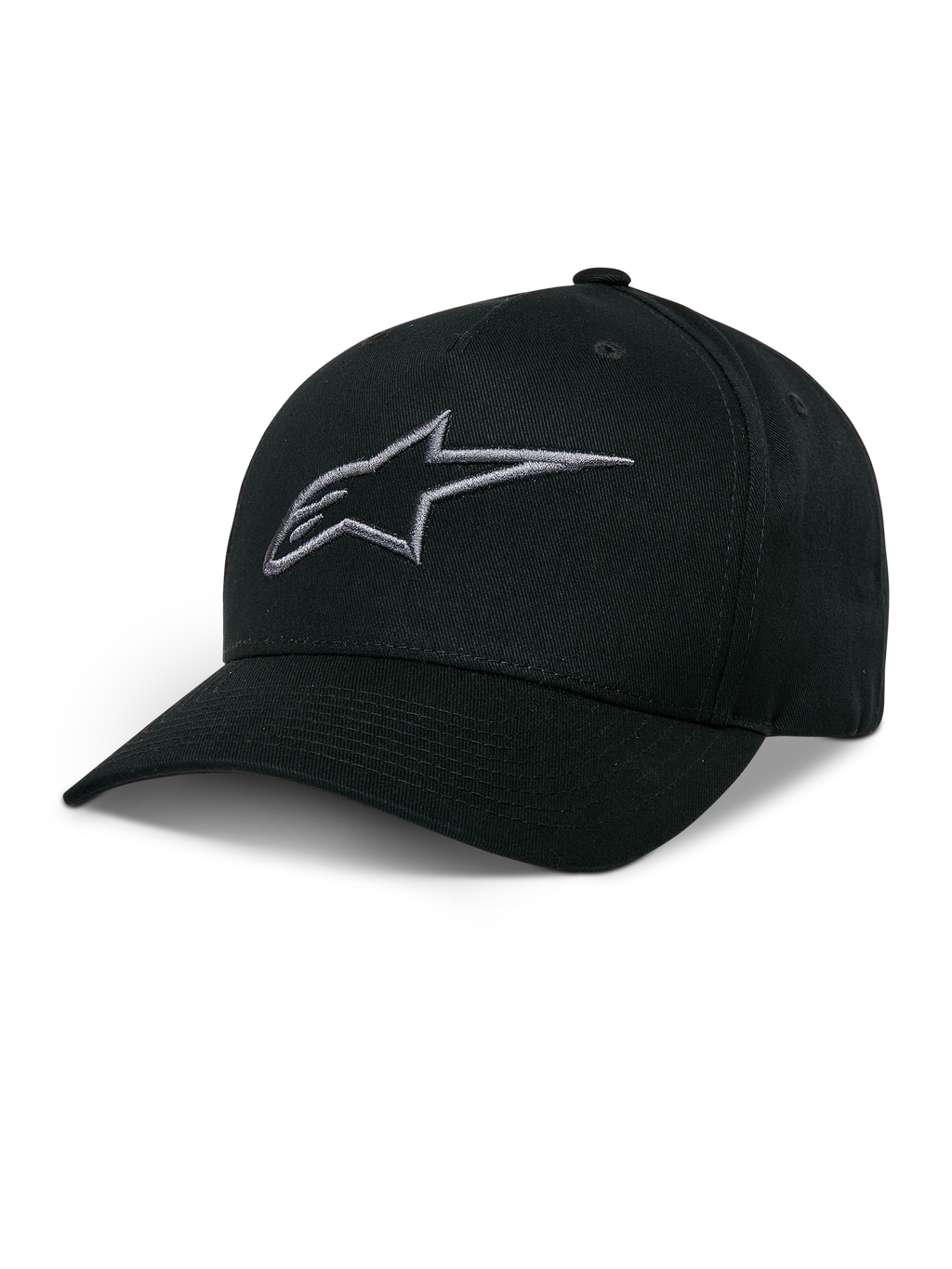 Alpinestars Ageless Snapback Hat, svart baseballkeps med mörkgrå broderad stjärnlogotyp, böjd skärm, strukturerad krona, casual motorsport-huvudbonad