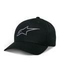 Alpinestars Ageless Snapback Hat, svart baseballkeps med mörkgrå broderad stjärnlogotyp, böjd skärm, strukturerad krona, casual motorsport-huvudbonad