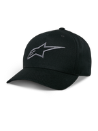 Alpinestars Ageless Snapback Hat, svart baseballkeps med mörkgrå broderad stjärnlogotyp, böjd skärm, strukturerad krona, casual motorsport-huvudbonad