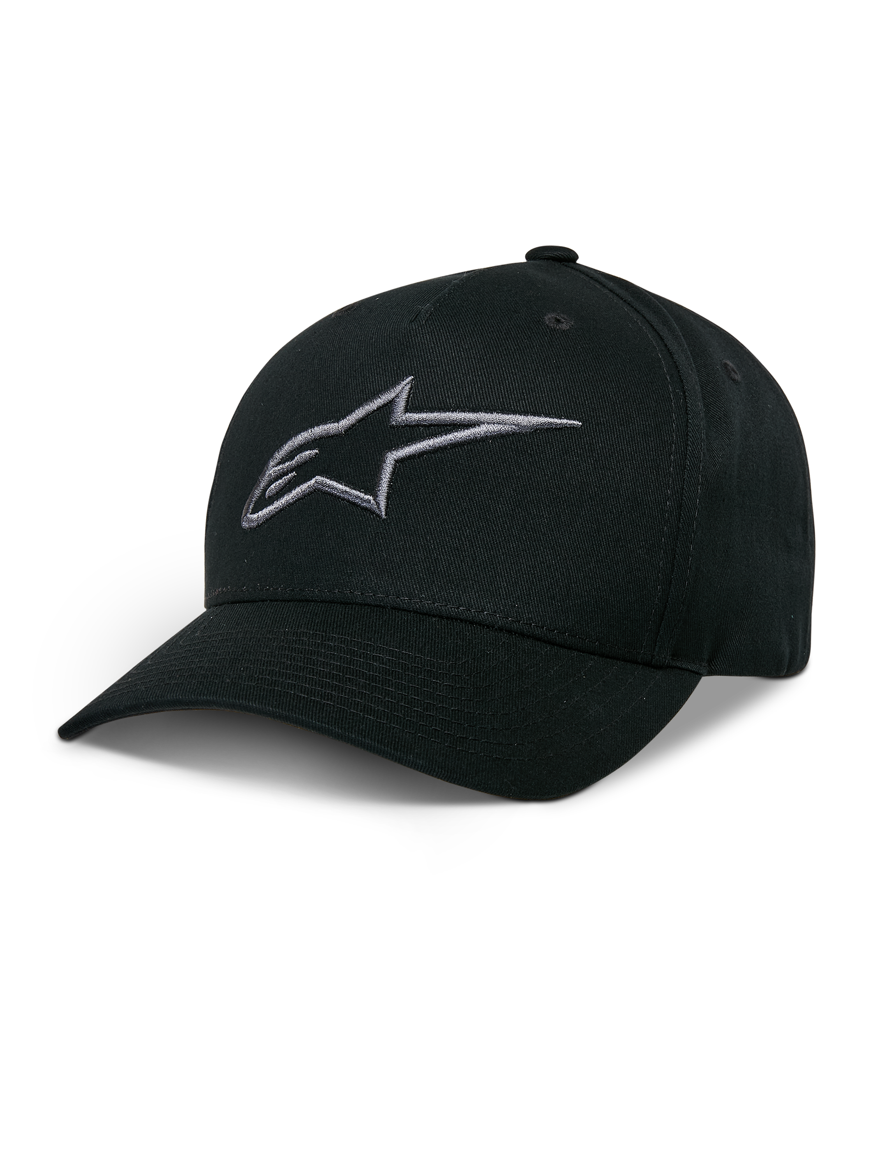 Alpinestars Ageless Snapback Hat, svart baseballkeps med mörkgrå broderad stjärnlogotyp, böjd skärm, strukturerad krona, casual motorsport-huvudbonad