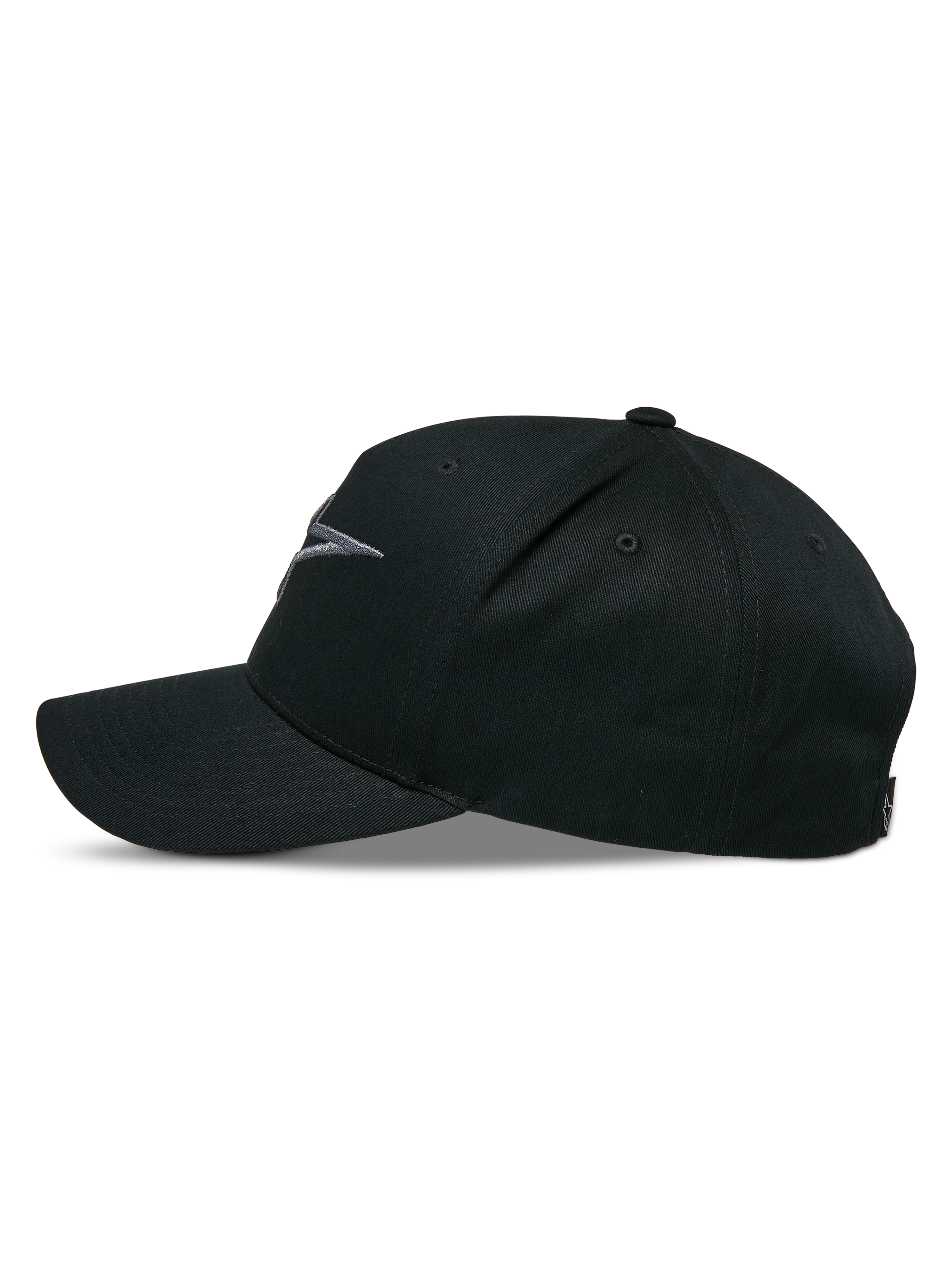 Alpinestars Ageless Snapback-keps, sidoprofil, Black Charcoal, böjd skärm med strukturerad krona, 3D-broderad logotyp framtill, huvudtyg i bomullstwill, casual motorsport-keps
