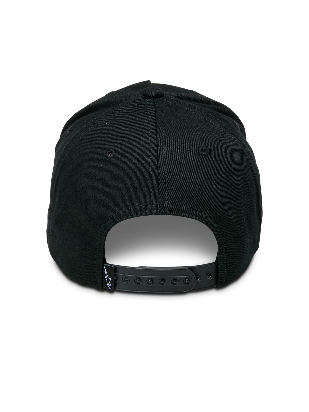 Alpinestars Ageless Snapback-keps, svart, vy bakifrån med justerbar snapback-stängning, liten vävd etikett med stjärnlogotyp, strukturerad krona i bomullstwill, vardaglig motorsport-inspirerad huvudbonad