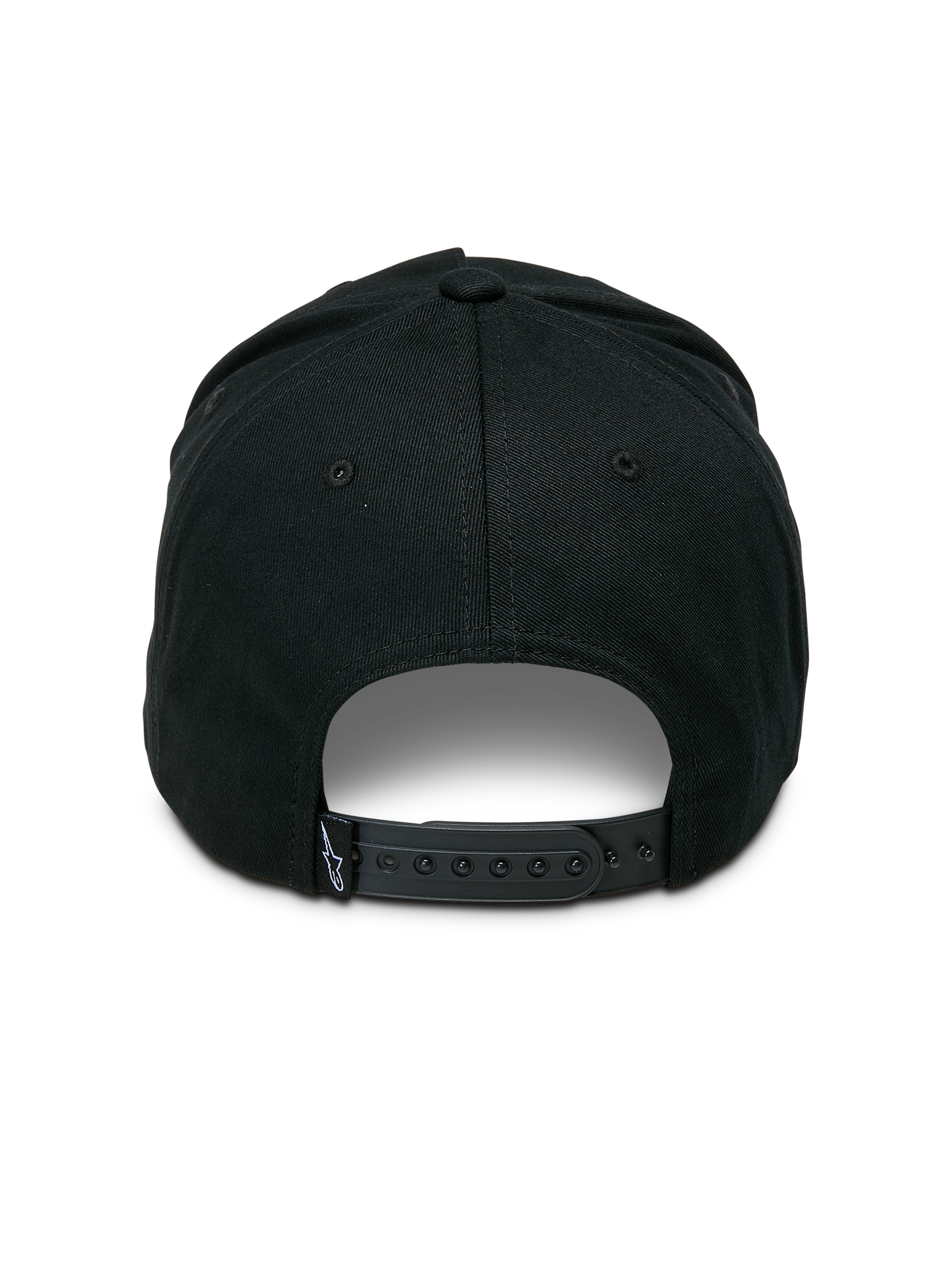 Alpinestars Ageless Snapback-keps, svart, vy bakifrån med justerbar snapback-stängning, liten vävd etikett med stjärnlogotyp, strukturerad krona i bomullstwill, vardaglig motorsport-inspirerad huvudbonad