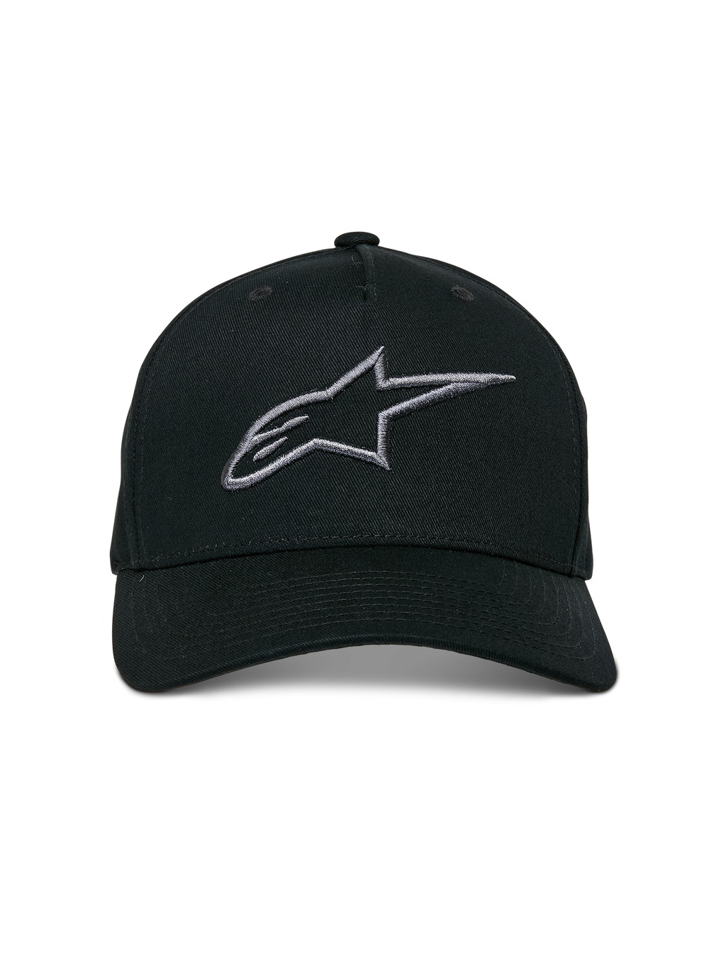 Alpinestars Ageless Snapback-keps, Black Charcoal, böjd skärm, strukturerad krona, 3D-broderad linjär logotyp, vardaglig motorsport-inspirerad huvudbonad