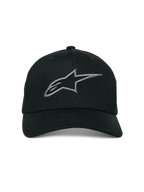 Alpinestars Ageless Snapback-keps, Black Charcoal, böjd skärm, strukturerad krona, 3D-broderad linjär logotyp, vardaglig motorsport-inspirerad huvudbonad