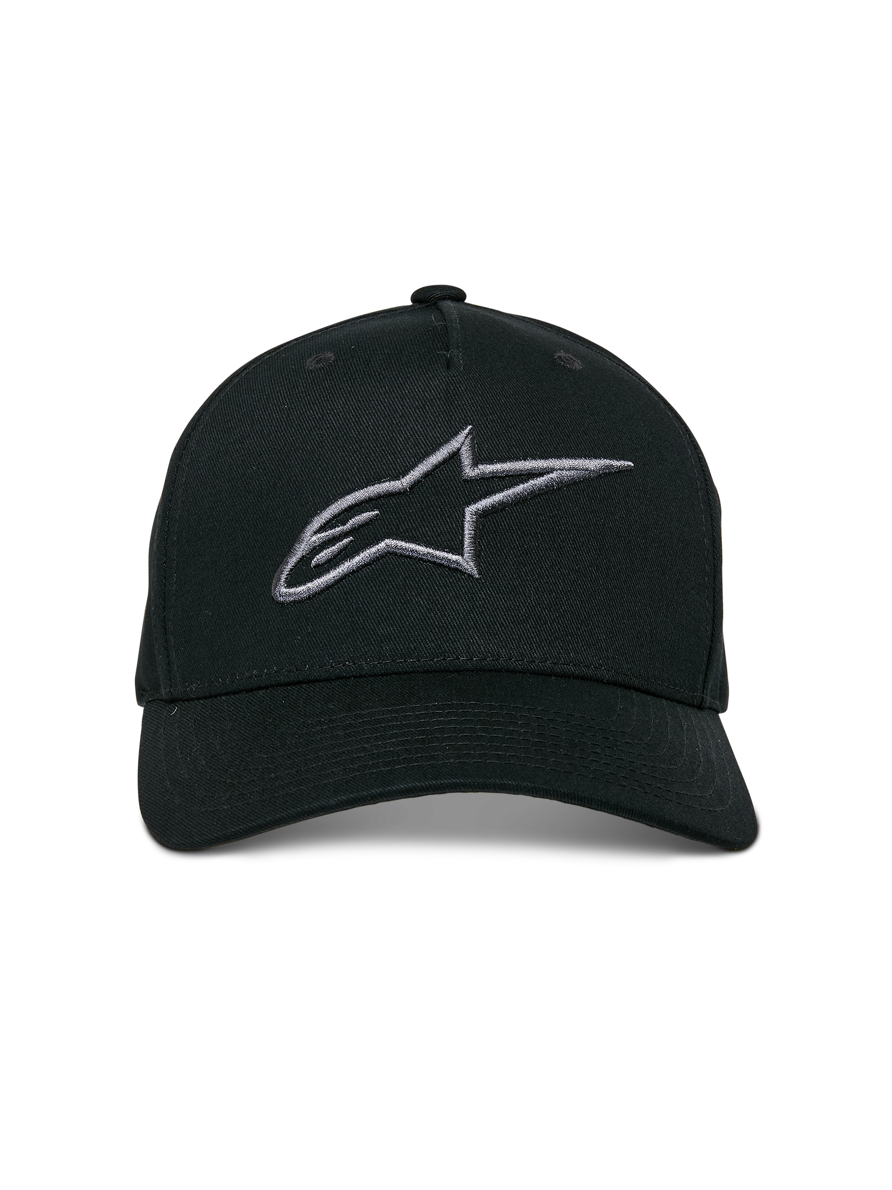 Alpinestars Ageless Snapback-keps, Black Charcoal, böjd skärm, strukturerad krona, 3D-broderad linjär logotyp, vardaglig motorsport-inspirerad huvudbonad