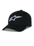 Alpinestars Ageless Snapback Hat, black cotton twill cap, structured crown with curved bill, white 3D embroidered star logo, casual motorsport-inspired sportswear