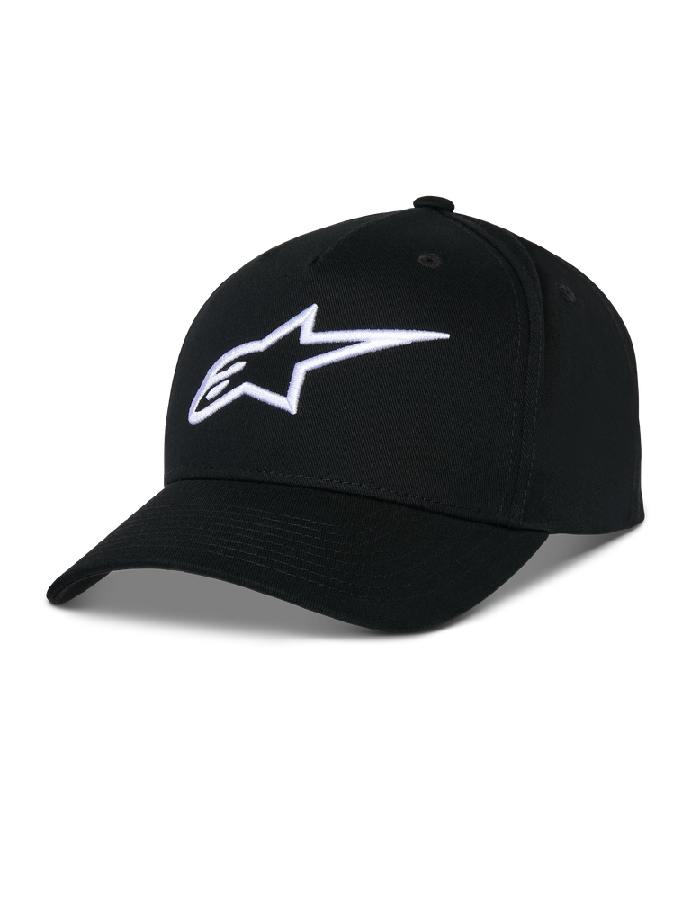 Alpinestars Ageless Snapback Hat, black cotton twill cap, structured crown with curved bill, white 3D embroidered star logo, casual motorsport-inspired sportswear