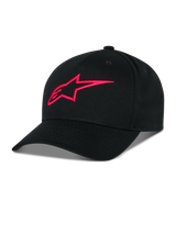 Alpinestars Ageless Snapback Hat, Black with Red 3D embroidered A-star logo, structured crown with curved bill, cotton twill fabric, casual sportswear accessory