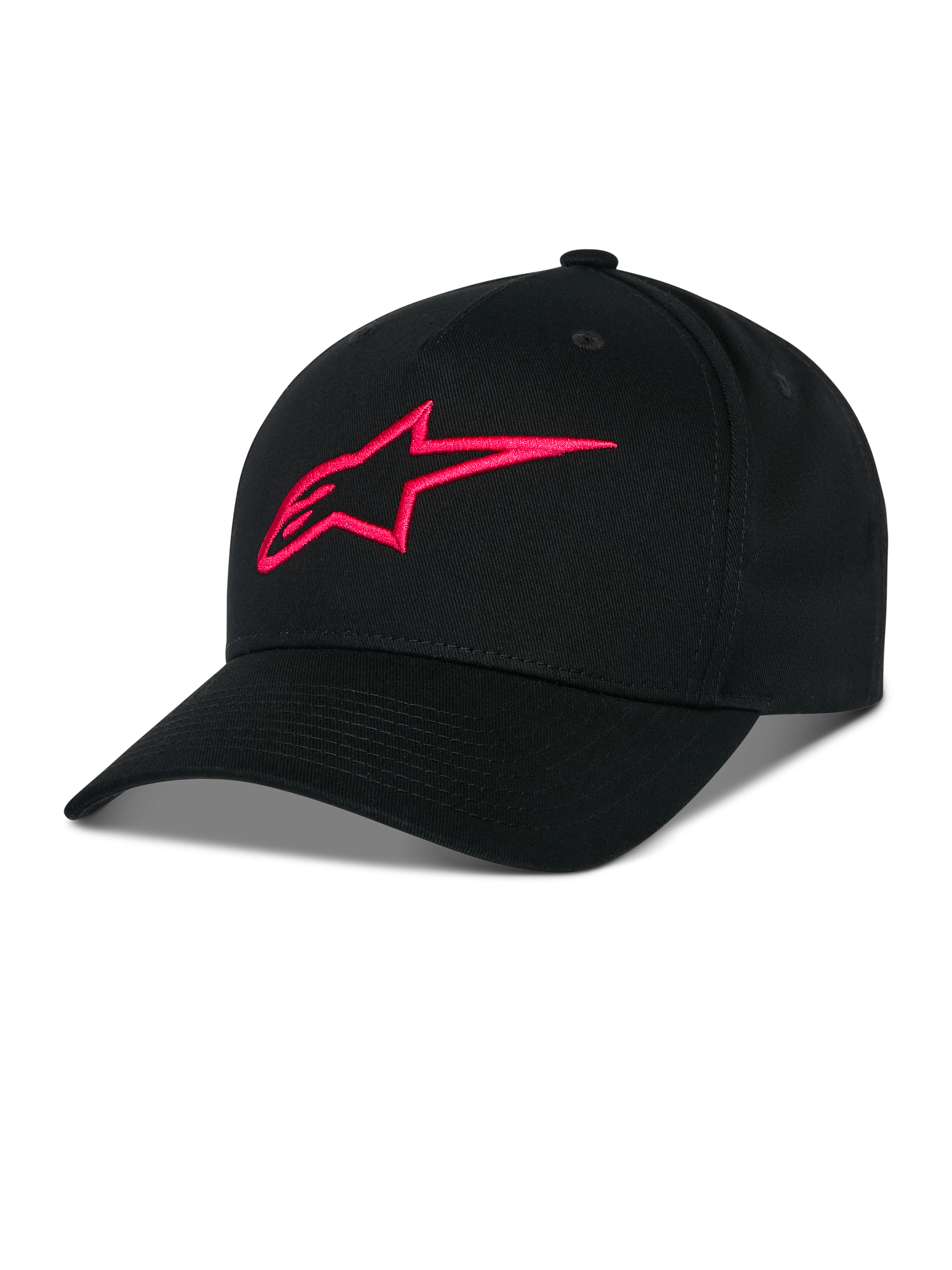 Alpinestars Ageless Snapback Hat, Black with Red 3D embroidered A-star logo, structured crown with curved bill, cotton twill fabric, casual sportswear accessory
