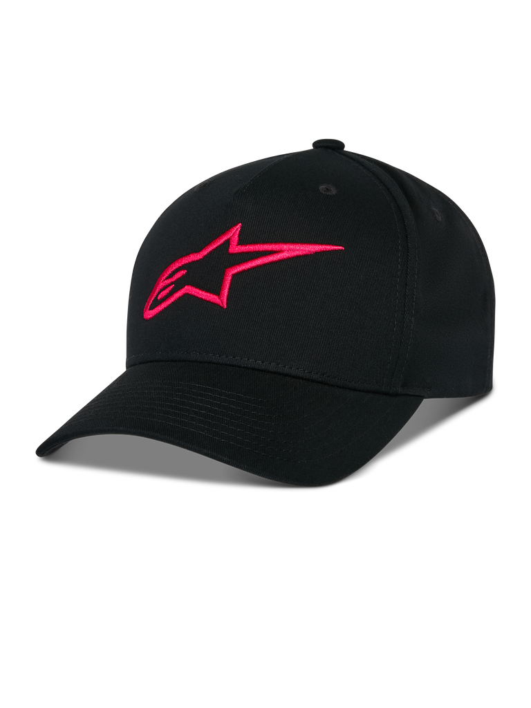 Alpinestars Ageless Snapback Hat, svart med röd 3D-broderad A-star-logotyp, strukturerad krona med böjd skärm, bomullstwill, casual sportswear-accessoar