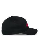 Alpinestars Ageless Snapback Hat, side profile view, black with red 3D embroidered logo, curved bill and structured crown, casual motorsport headwear