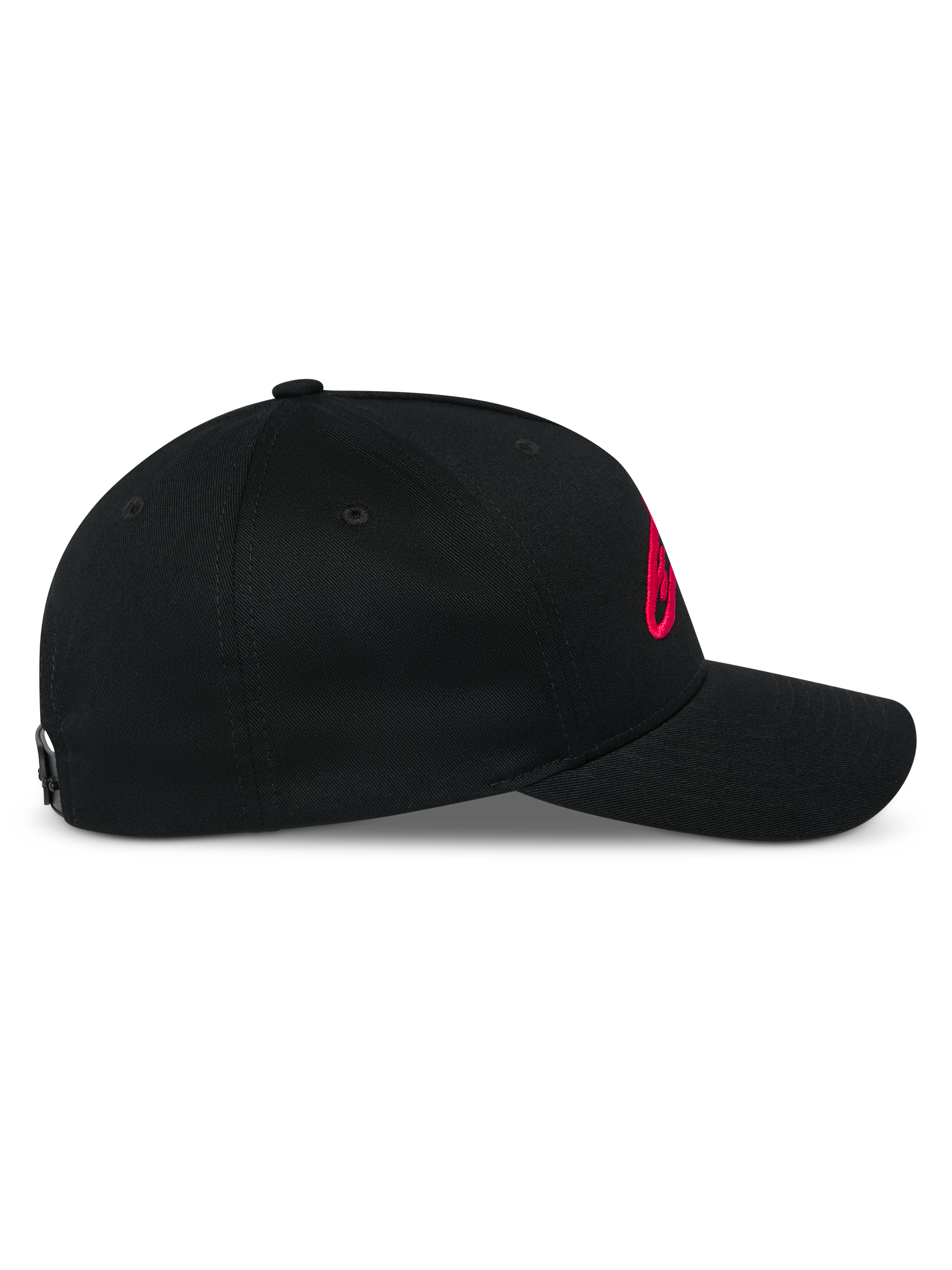 Alpinestars Ageless Snapback Hat, side profile view, black with red 3D embroidered logo, curved bill and structured crown, casual motorsport headwear