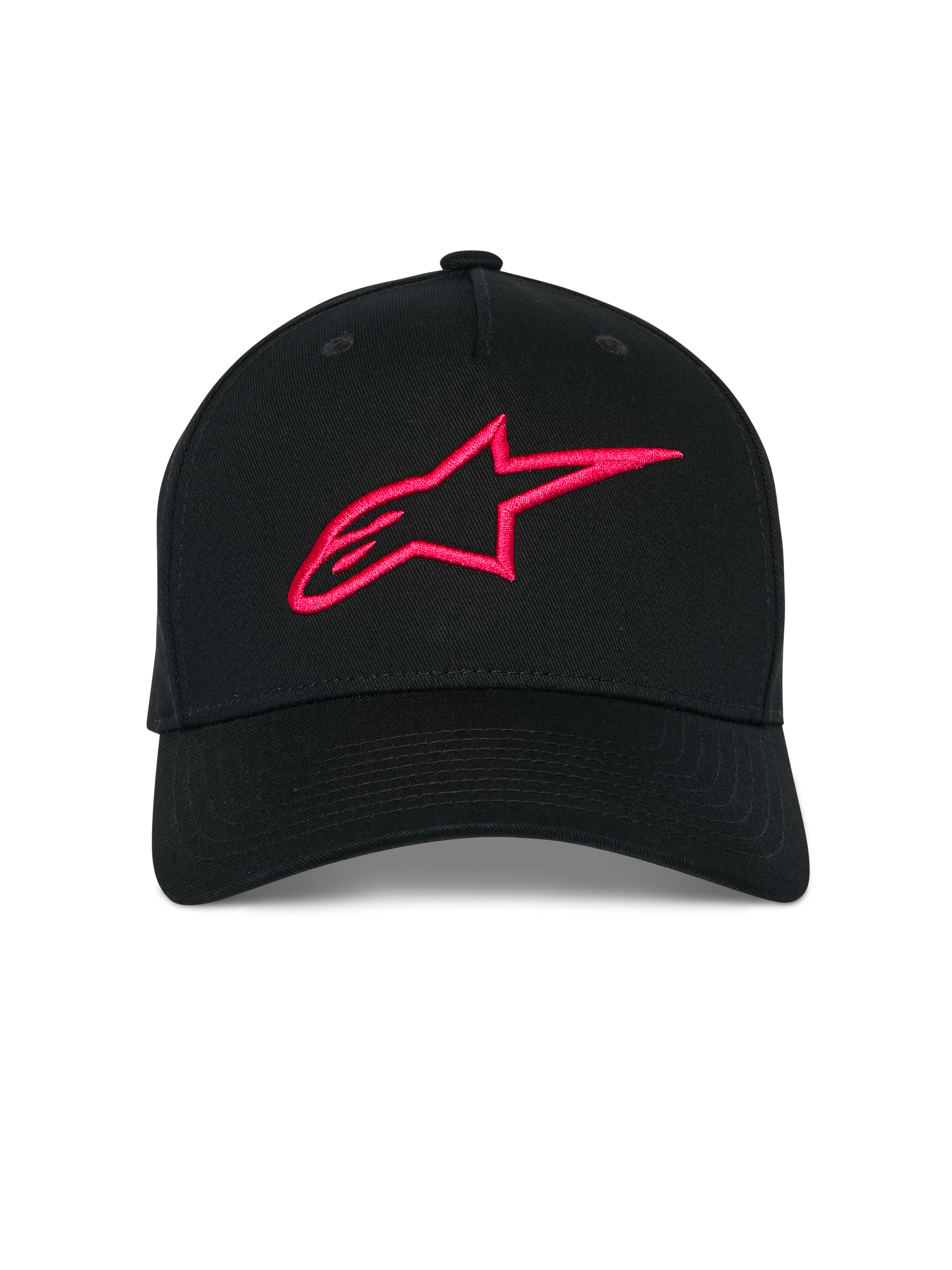 Alpinestars Ageless Snapback Hat, Black with Red Logo, Front view featuring a 3D embroidered A-star logo, curved bill, structured crown, casual sportswear headwear