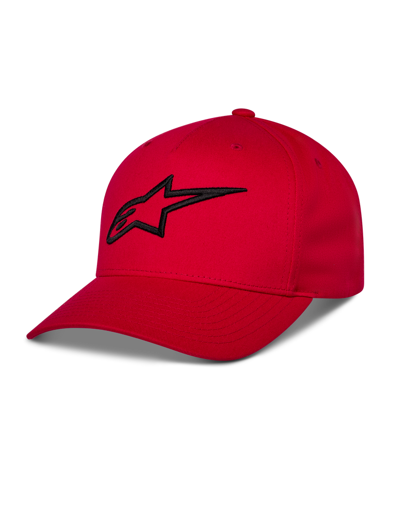 Alpinestars Ageless Snapback Hat, Red with black embroidered Astar logo, curved bill, structured crown, casual sportswear headwear