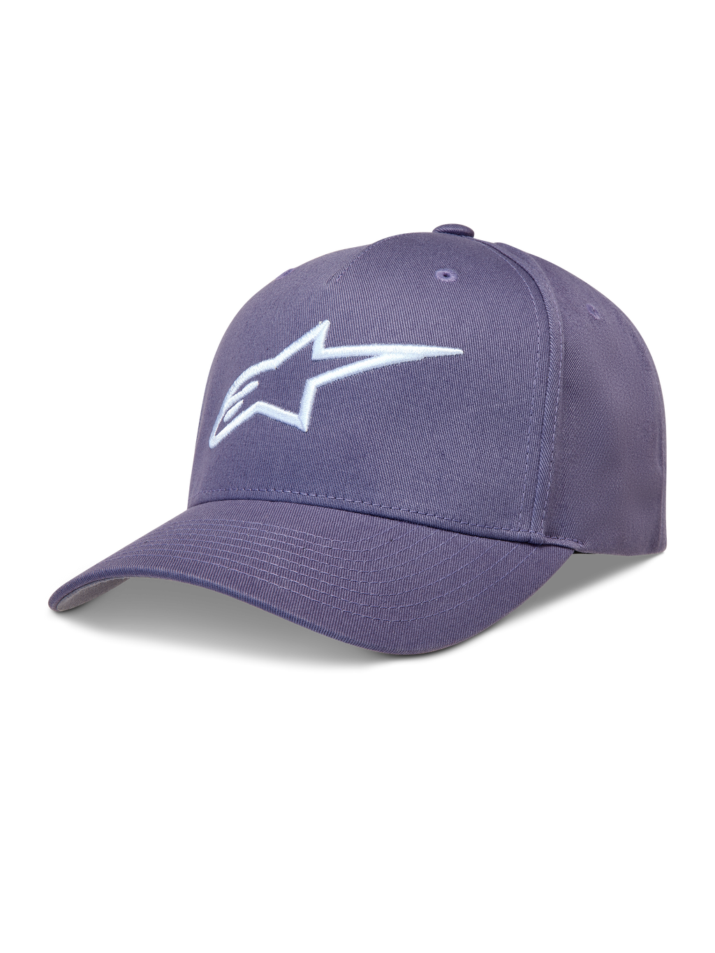Alpinestars Ageless Snapback keps i lila twilltyg, böjd skärm, vit 3D-broderad Astars-logotyp, motorsportinspirerad huvudbonad.