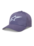 Alpinestars Ageless Snapback keps i lila twilltyg, böjd skärm, vit 3D-broderad Astars-logotyp, motorsportinspirerad huvudbonad.