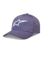 Alpinestars Ageless Snapback keps i lila twilltyg, böjd skärm, vit 3D-broderad Astars-logotyp, motorsportinspirerad huvudbonad.