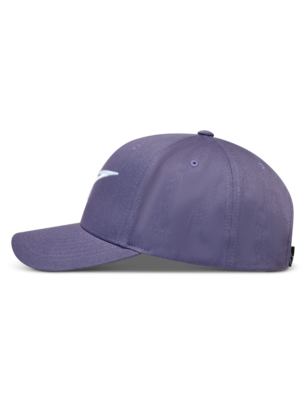 Alpinestars Ageless Snapback keps, lila motorsportkeps med böjd skärm, vit broderad logotyp, slitstarkt twilltyg, sidoprofil