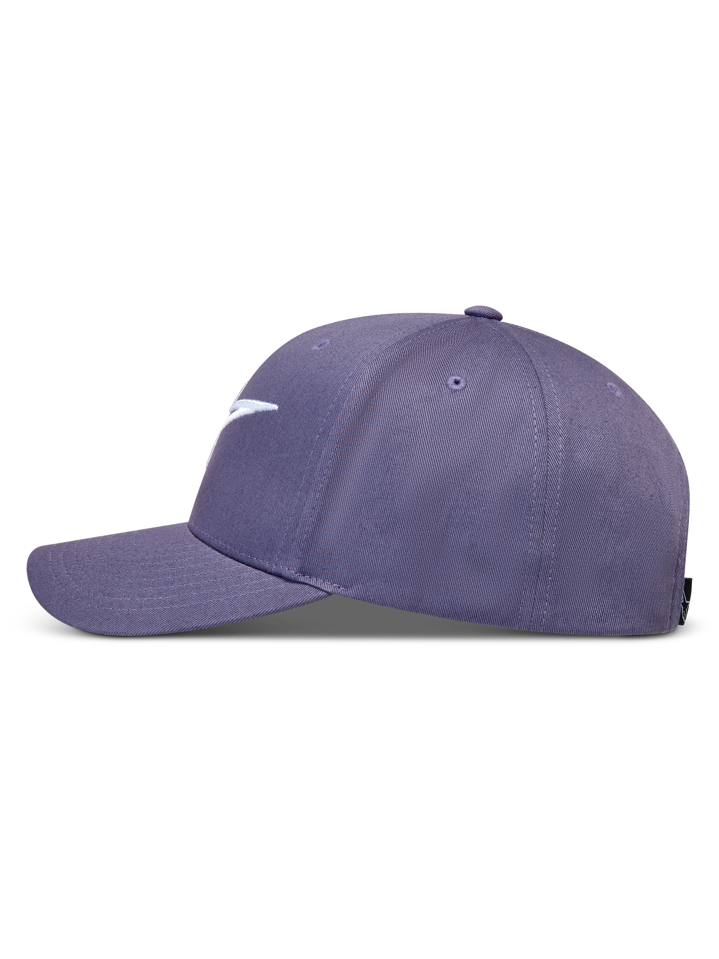 Alpinestars Ageless Snapback keps, lila motorsportkeps med böjd skärm, vit broderad logotyp, slitstarkt twilltyg, sidoprofil