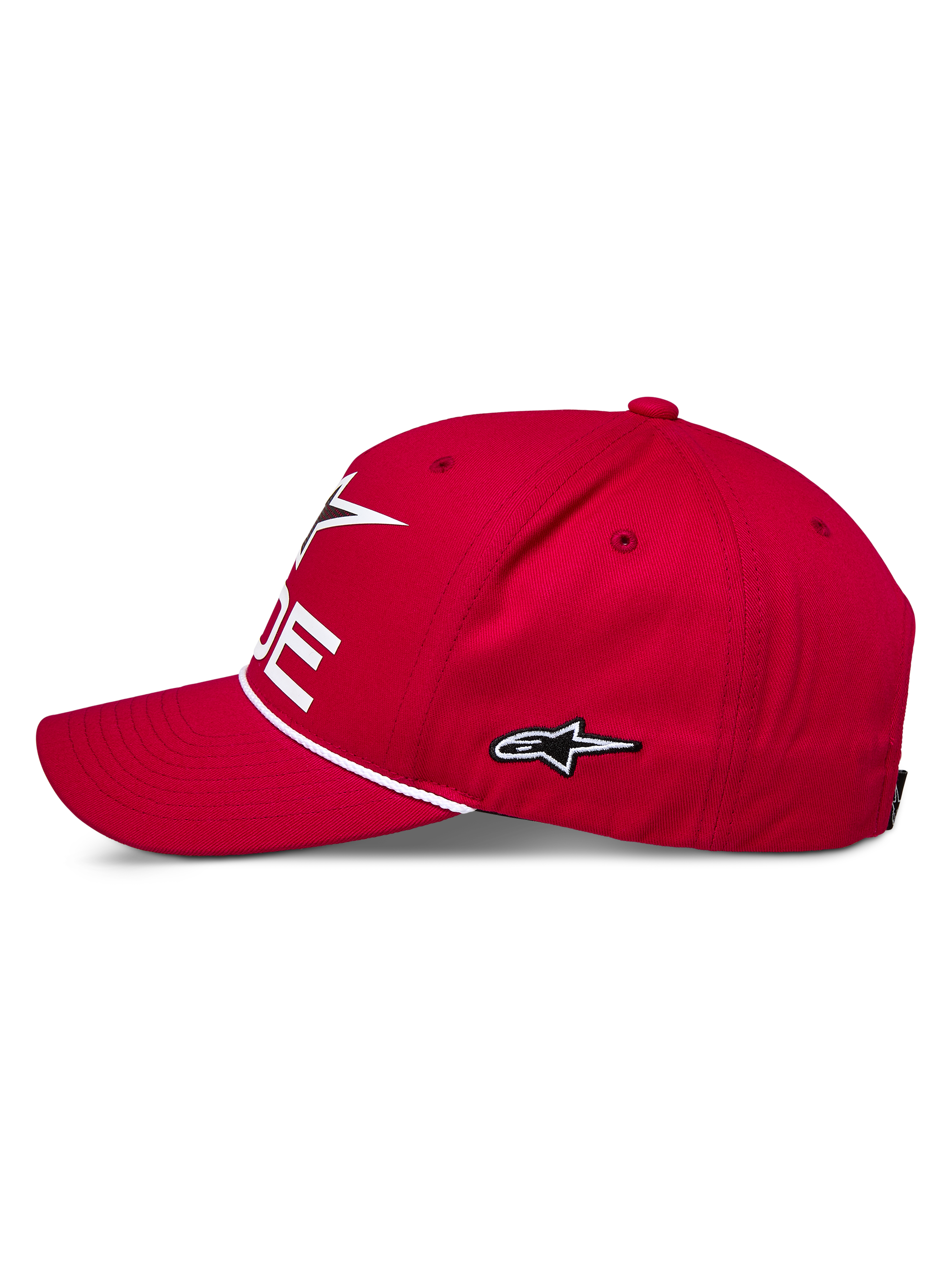 Alpinestars Ride Comp Snapback Hat, Red, Side Profile, White Embroidered Star Logo, Braided Rope Trim, Curved Bill, Casual Motorsport Sportswear