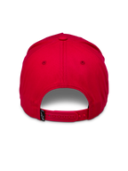 Alpinestars Ride Comp Snapback Hat, Red, back view featuring an adjustable red snapback closure and a small black woven tag with white logo, structured crown, casual headwear