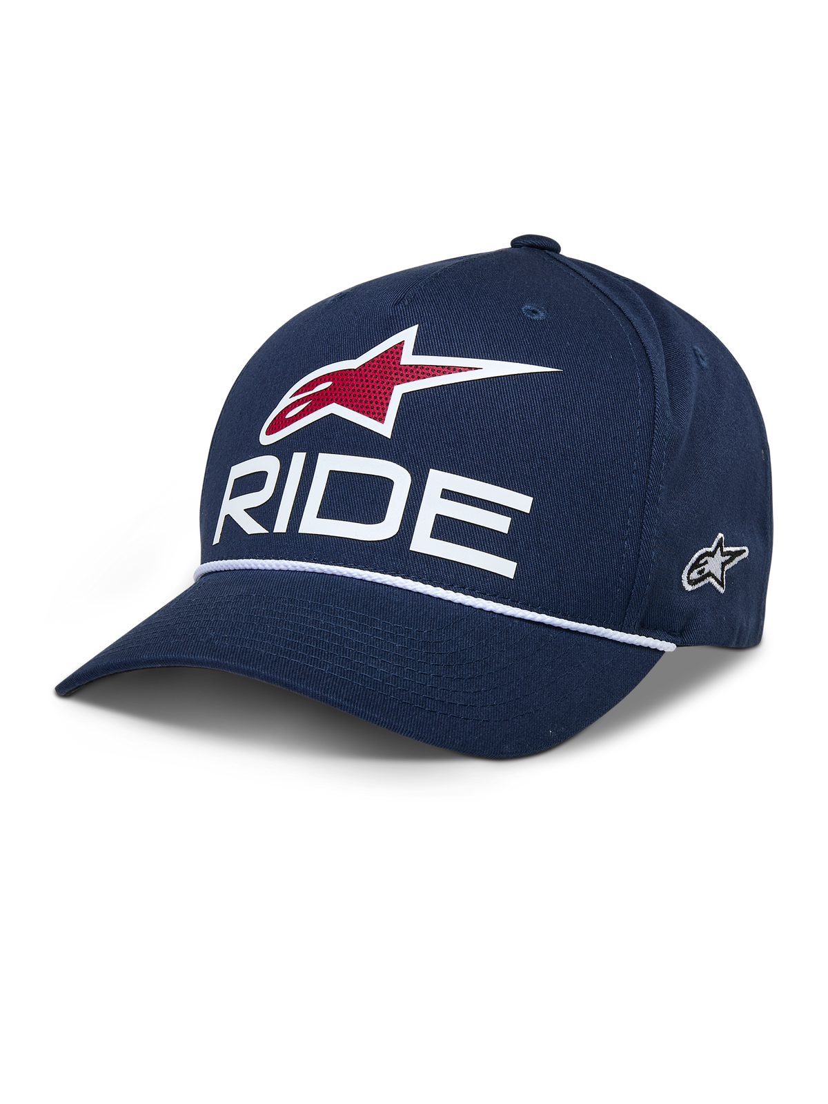 Alpinestars Ride Comp Snapback-keps, mörkblå baseballkeps, vit RIDE-text och röd stjärnlogotyp, böjd skärm med vitt flätat rep, vardaglig motorsportkeps