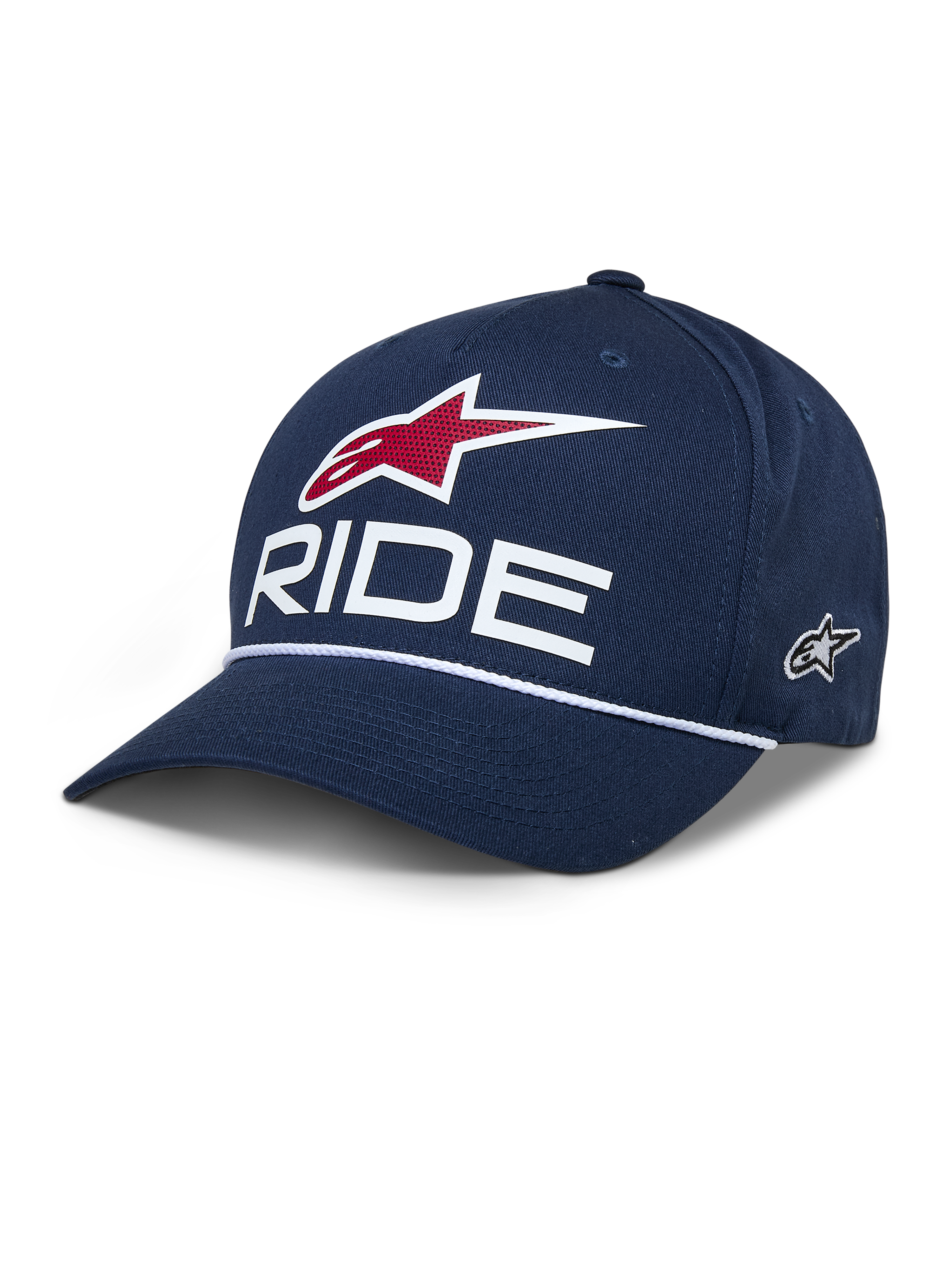 Alpinestars Ride Comp Snapback-keps, mörkblå baseballkeps, vit RIDE-text och röd stjärnlogotyp, böjd skärm med vitt flätat rep, vardaglig motorsportkeps