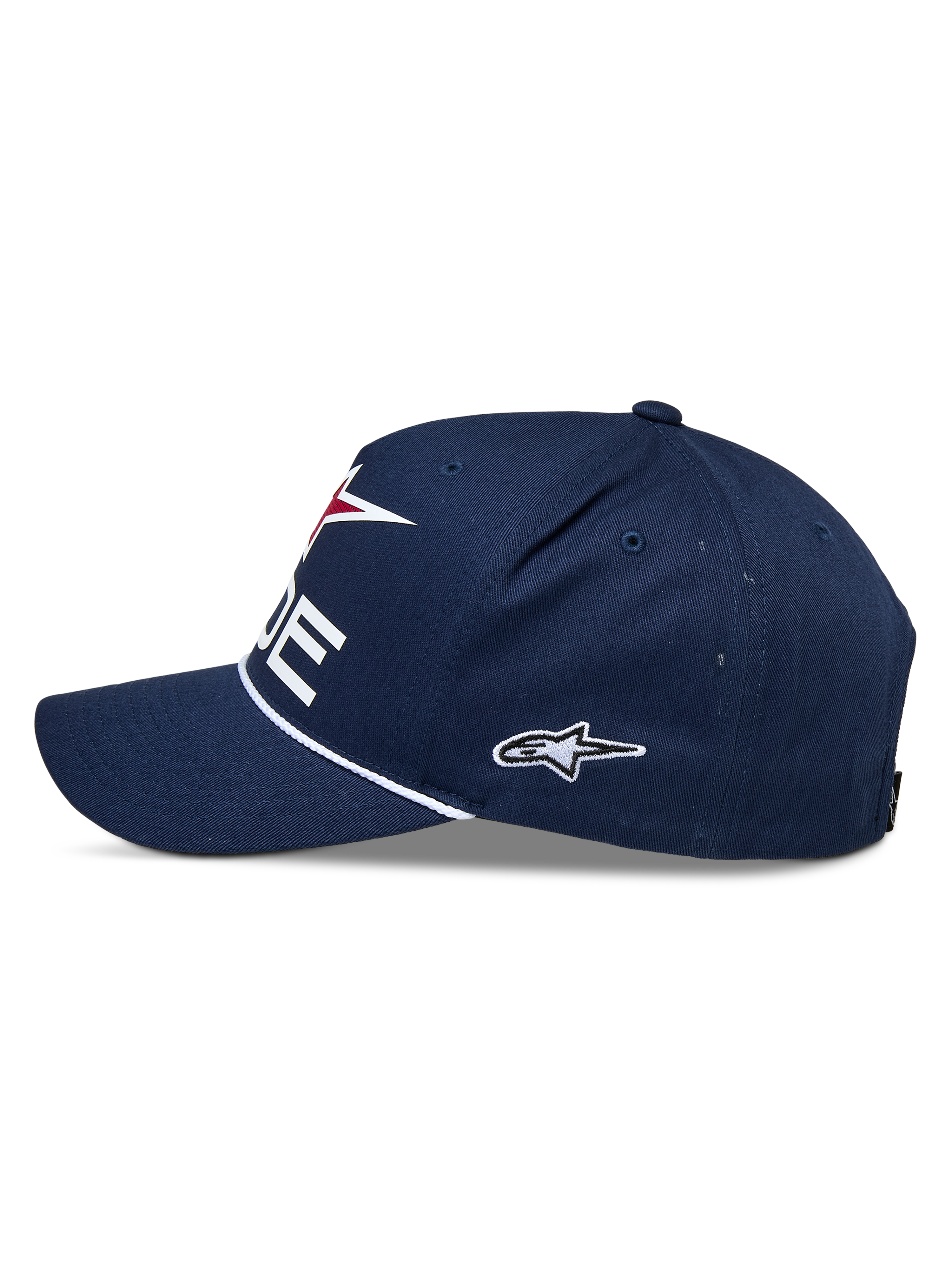 Alpinestars Ride Comp Snapback-keps, marinblå, vit och röd, sedd från sidan, strukturerad krona med böjd skärm, vit flätad repkant, broderad sidologotyp, avslappnad keps för motorsport
