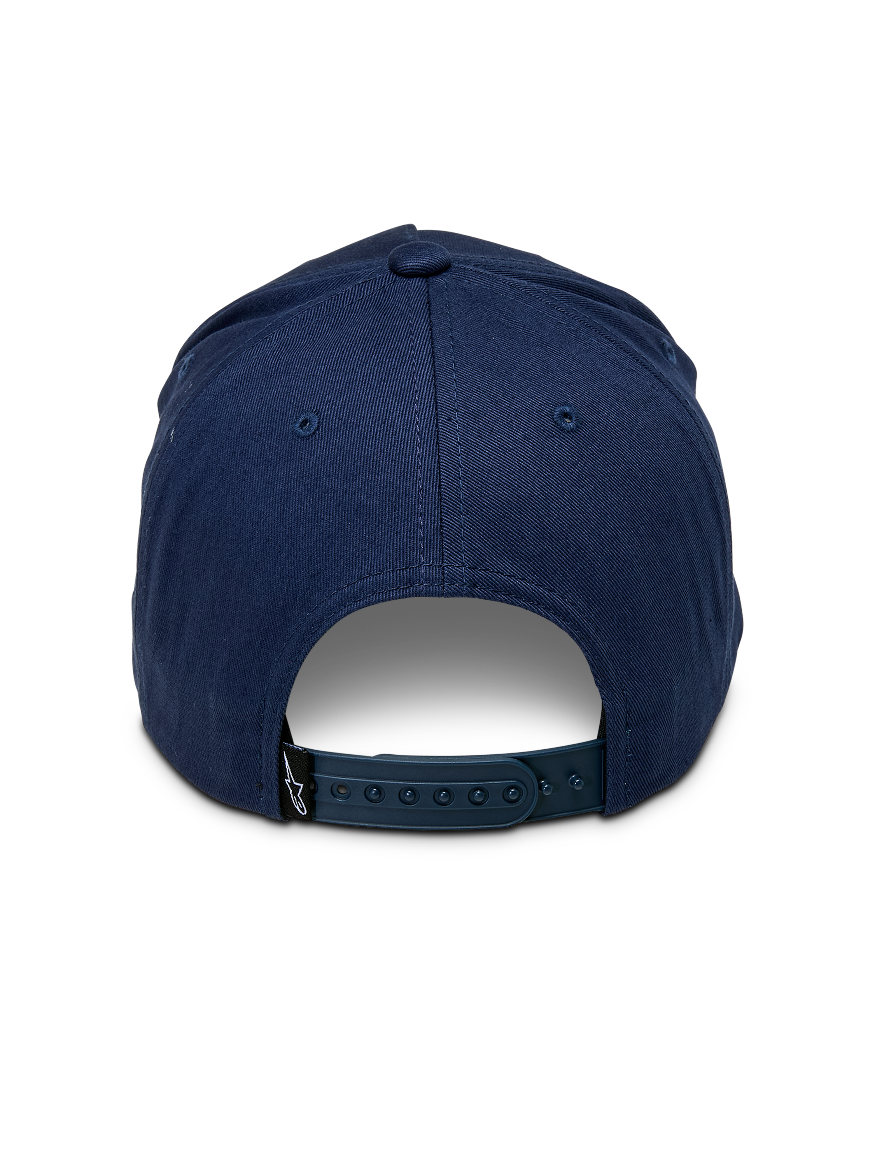 Alpinestars Ride Comp Snapback-keps, marinblå, vy bakifrån som visar justerbart snapback-spänne i plast, liten svart logotypetikett, strukturerad krona i bomullstwill, avslappnad motorsportinspirerad huvudbonad