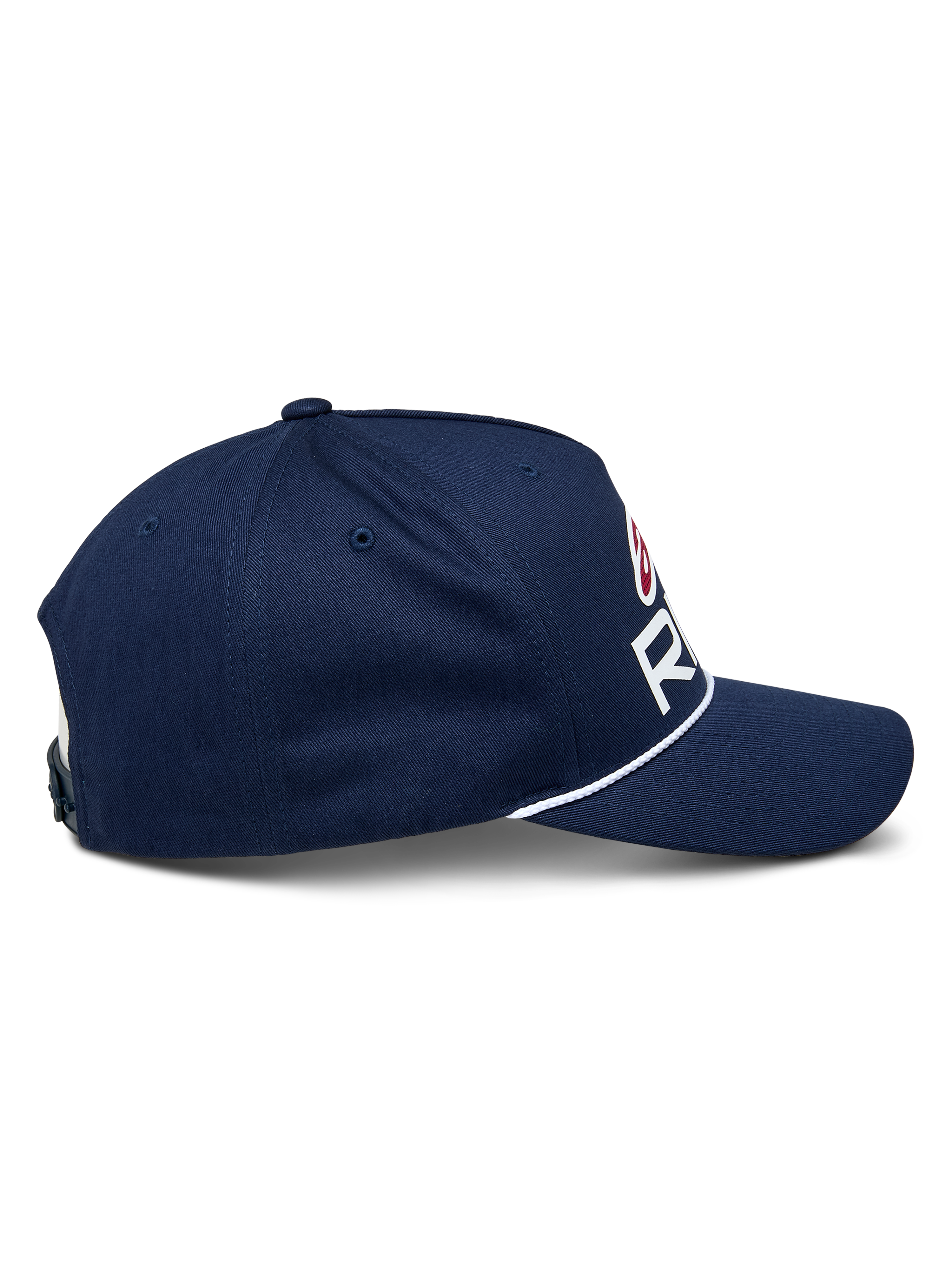Alpinestars Ride Comp Snapback-keps, marinblå med vita och röda detaljer, sidoprofil som visar böjd skärm och vit flätad repkant, strukturerad krona, avslappnad motorsport-keps