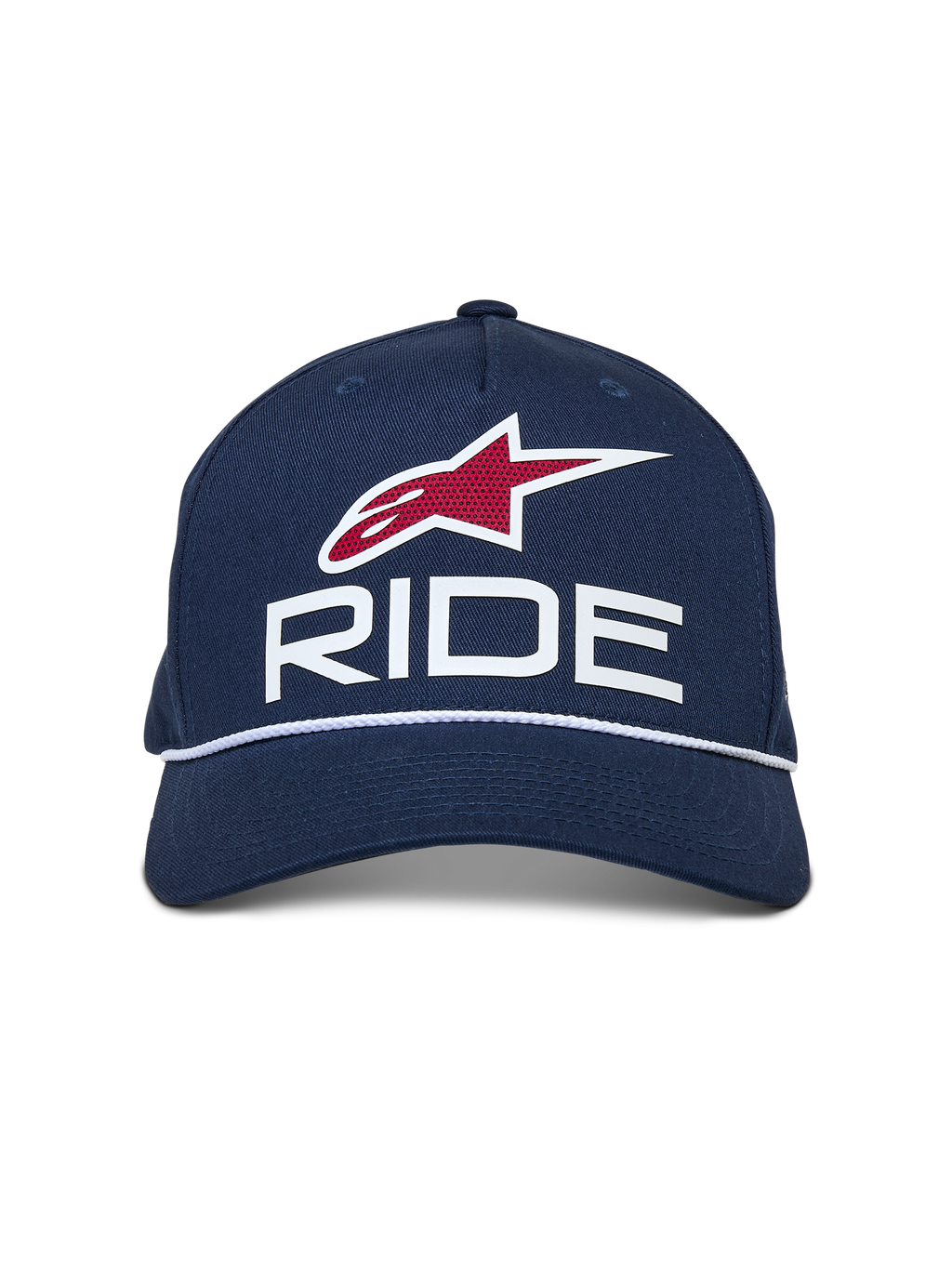 Alpinestars Ride Comp Snapback keps, marinblå med vita och röda detaljer, med en RIDE-logotyp i 3D, rött stjärnemblem och vit flätad repkant, böjd skärm, vardaglig motorsport-huvudbonad
