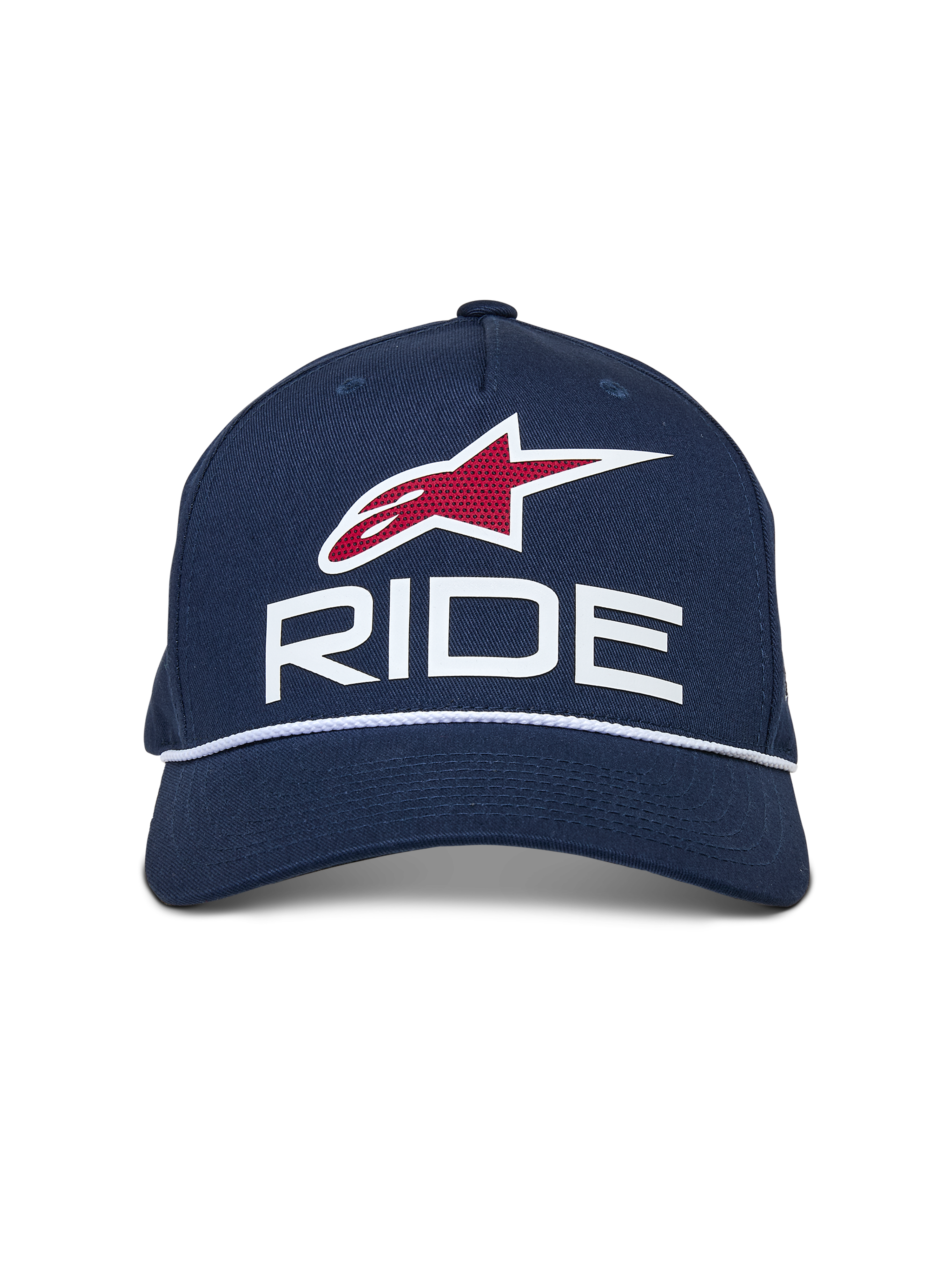 Alpinestars Ride Comp Snapback keps, marinblå med vita och röda detaljer, med en RIDE-logotyp i 3D, rött stjärnemblem och vit flätad repkant, böjd skärm, vardaglig motorsport-huvudbonad
