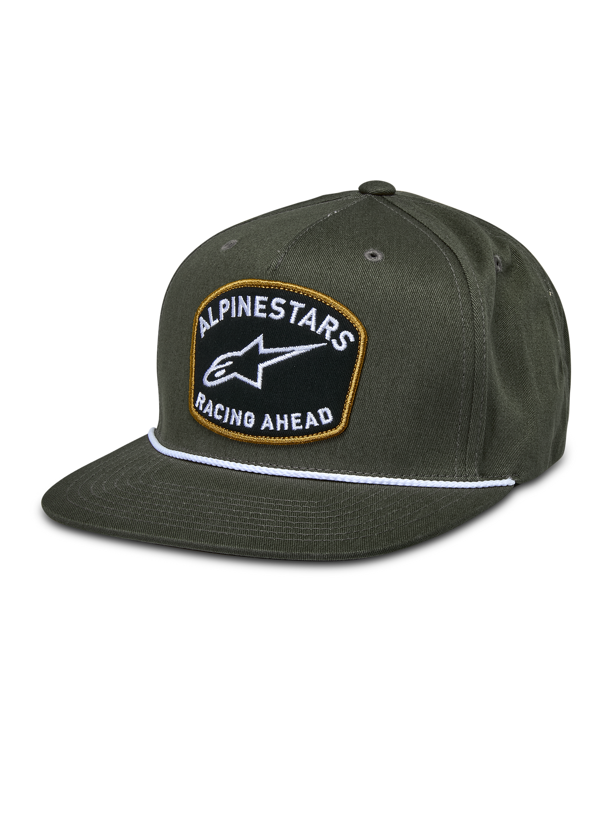 Alpinestars Promptus snapback-keps, militärgrön, platt skärm med vitt flätat rep, svart broderad patch med guldkant, vit ALPINESTARS RACING AHEAD-logotyp, casual motorsport-livsstil