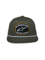 Alpinestars Promptus Snapback Hat, Military Green, structured crown with flat bill, large front patch with white 'Alpinestars Racing Ahead' embroidery and gold border, white braided rope detail, casual motorsport headwear