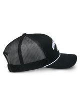 Alpinestars Agree Trucker Hat, Black, side profile view showing black mesh back and twill front panels, white braided rope accent, curved bill, casual motorsport streetwear