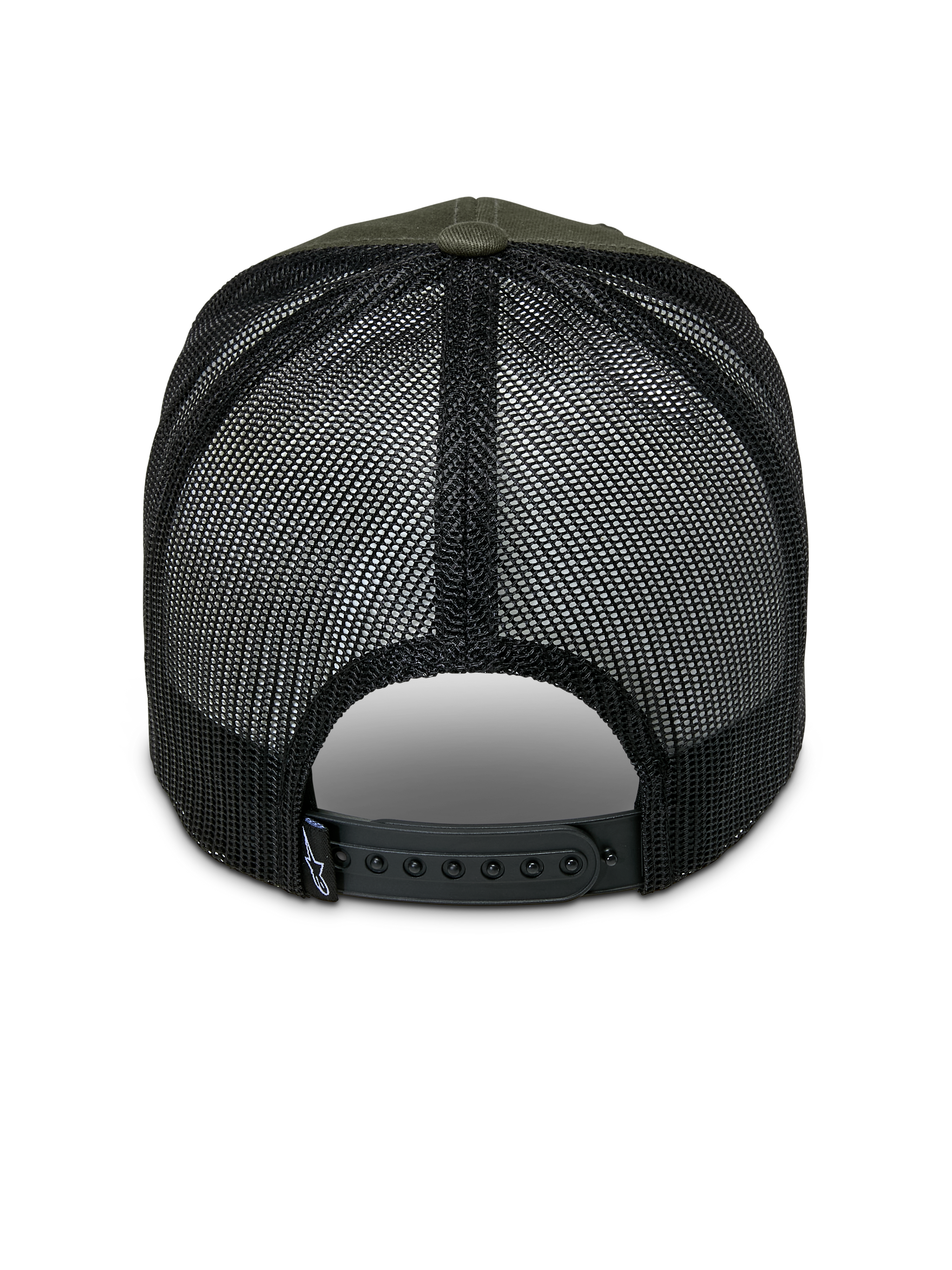 Alpinestars Booted Trucker Keps, militärgrön och svart, baksida som visar svart mesh och justerbar snapback-stängning, liten Alpinestars-logotyp på etiketten baktill, vardaglig motorsport-huvudbonad