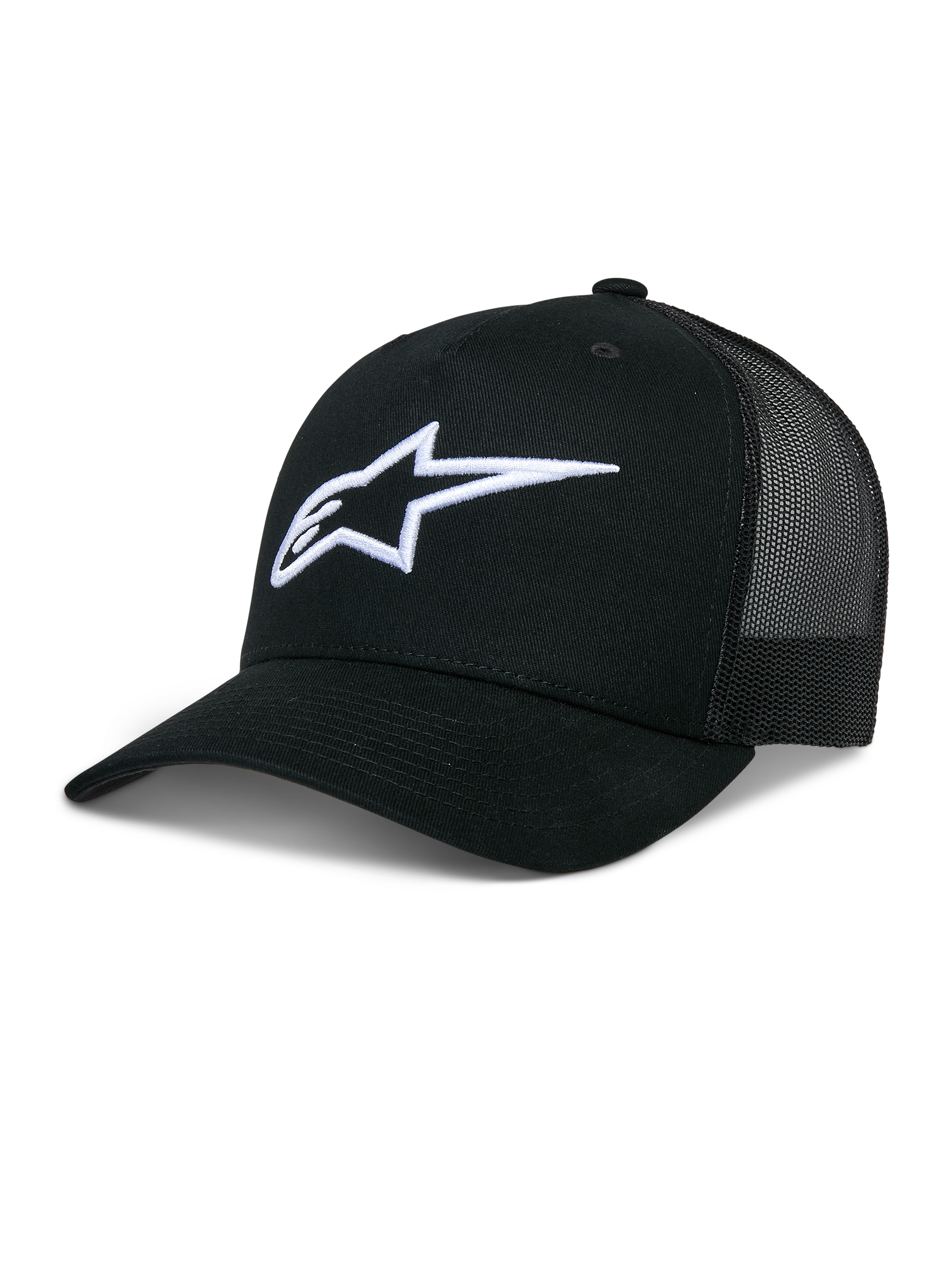 Alpinestars Ageless Trucker Hat, Black mesh-back baseball cap, White 3D embroidered Astars logo, Structured crown and curved brim, Casual lifestyle headwear
