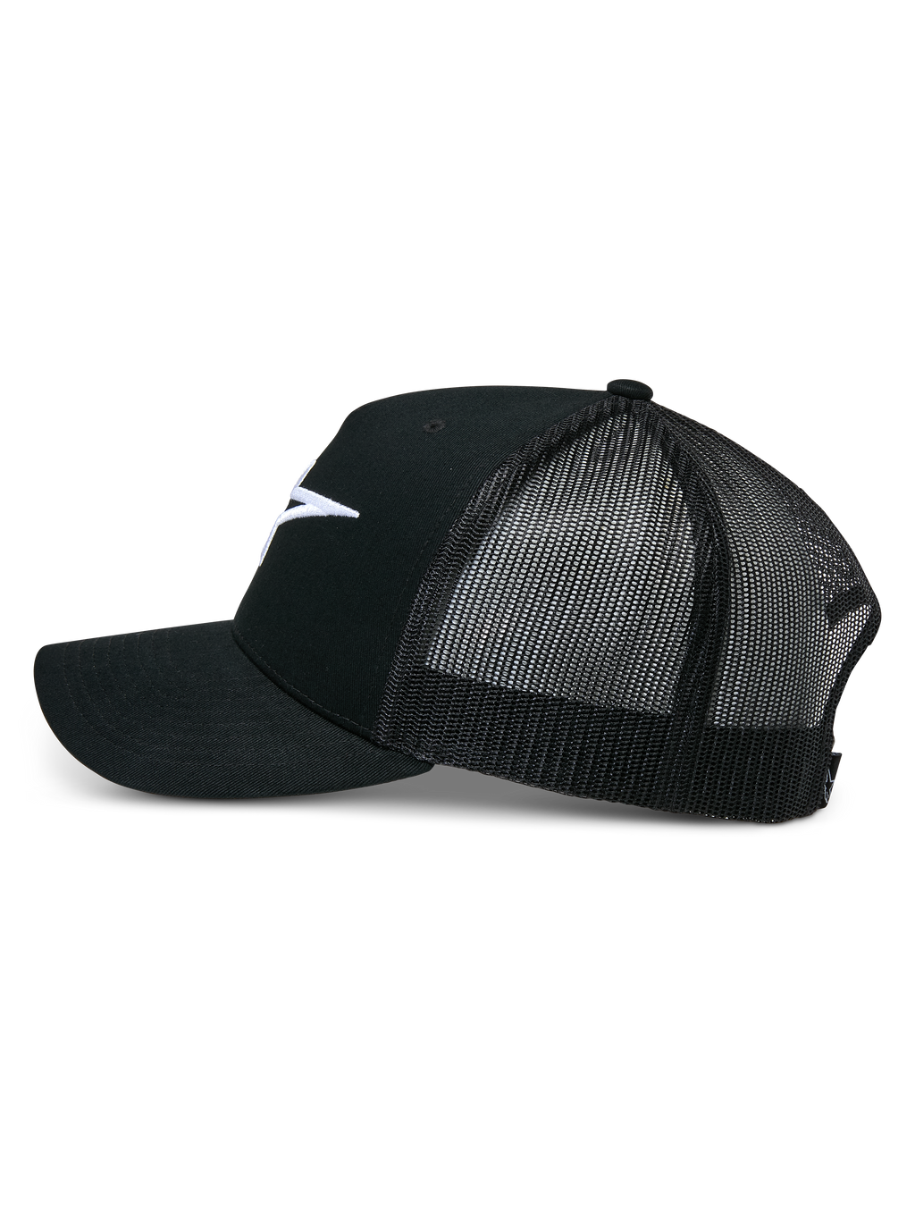 Alpinestars Ageless Trucker Hat, Black, side profile view, structured cotton twill front with white embroidered Astars logo, breathable black mesh back, curved bill, casual motorsport headwear