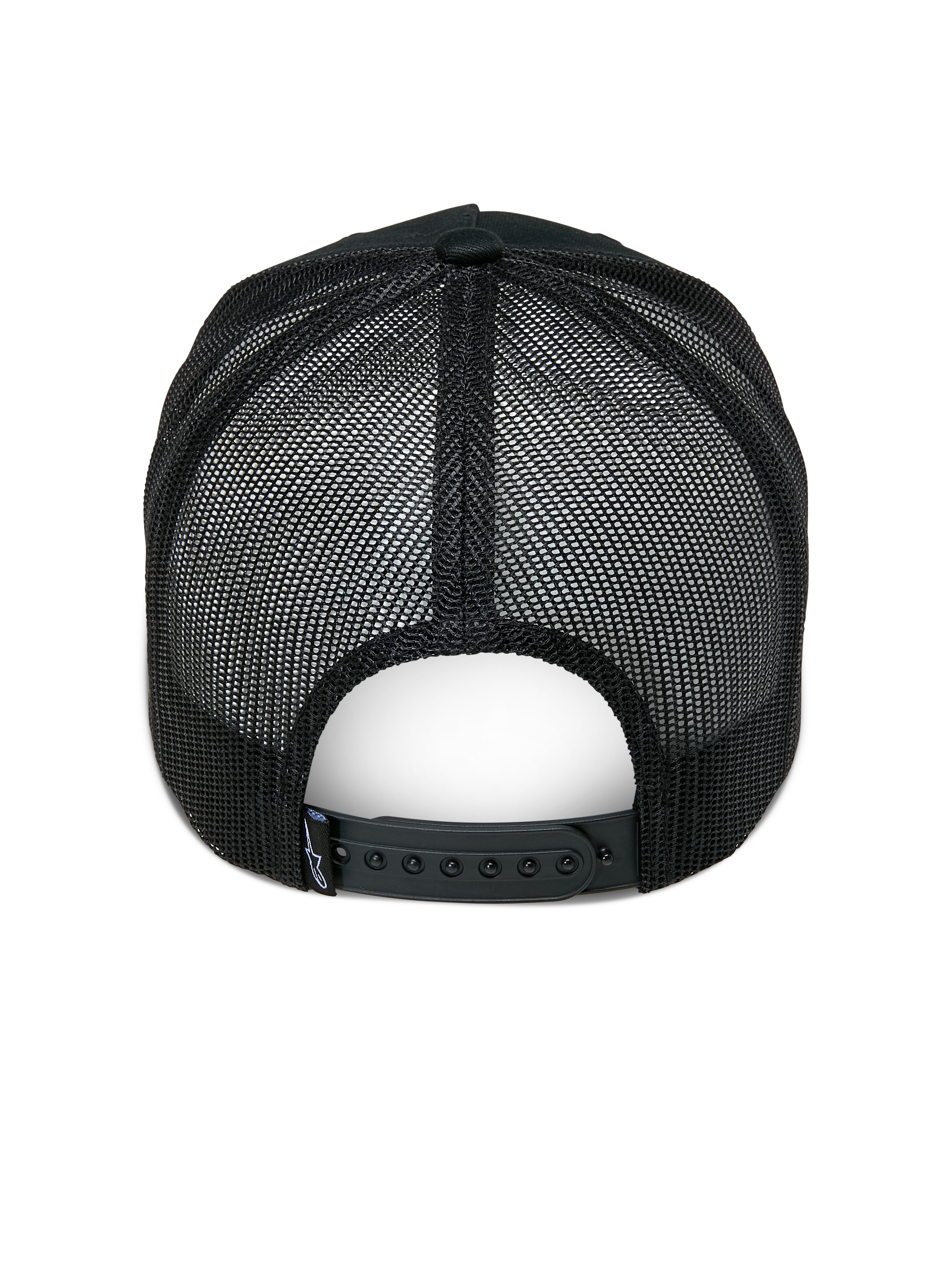 Alpinestars Ageless Trucker Hat, Black, Rear View, featuring black mesh back panels, adjustable snapback closure, and small Astars logo label on the back, casual motorsport-inspired headwear