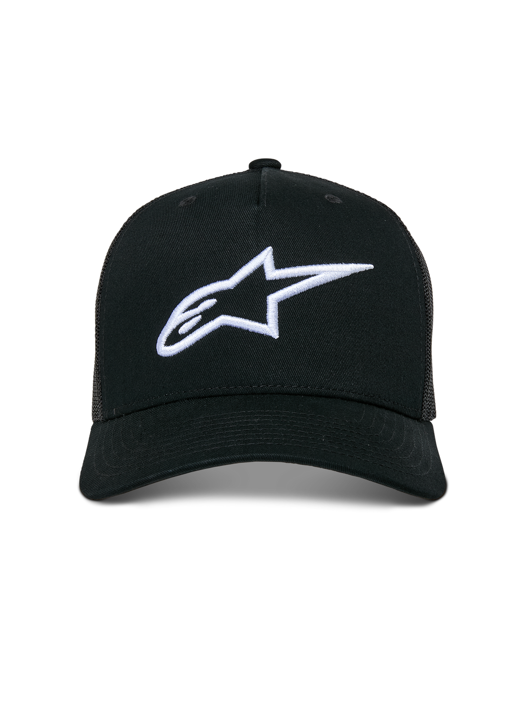 Alpinestars Ageless Trucker Hat, Casual Trucker Cap, Black with White 3D Embroidered Astars Logo, featuring a curved bill and mesh back panels, motorsport-inspired streetwear