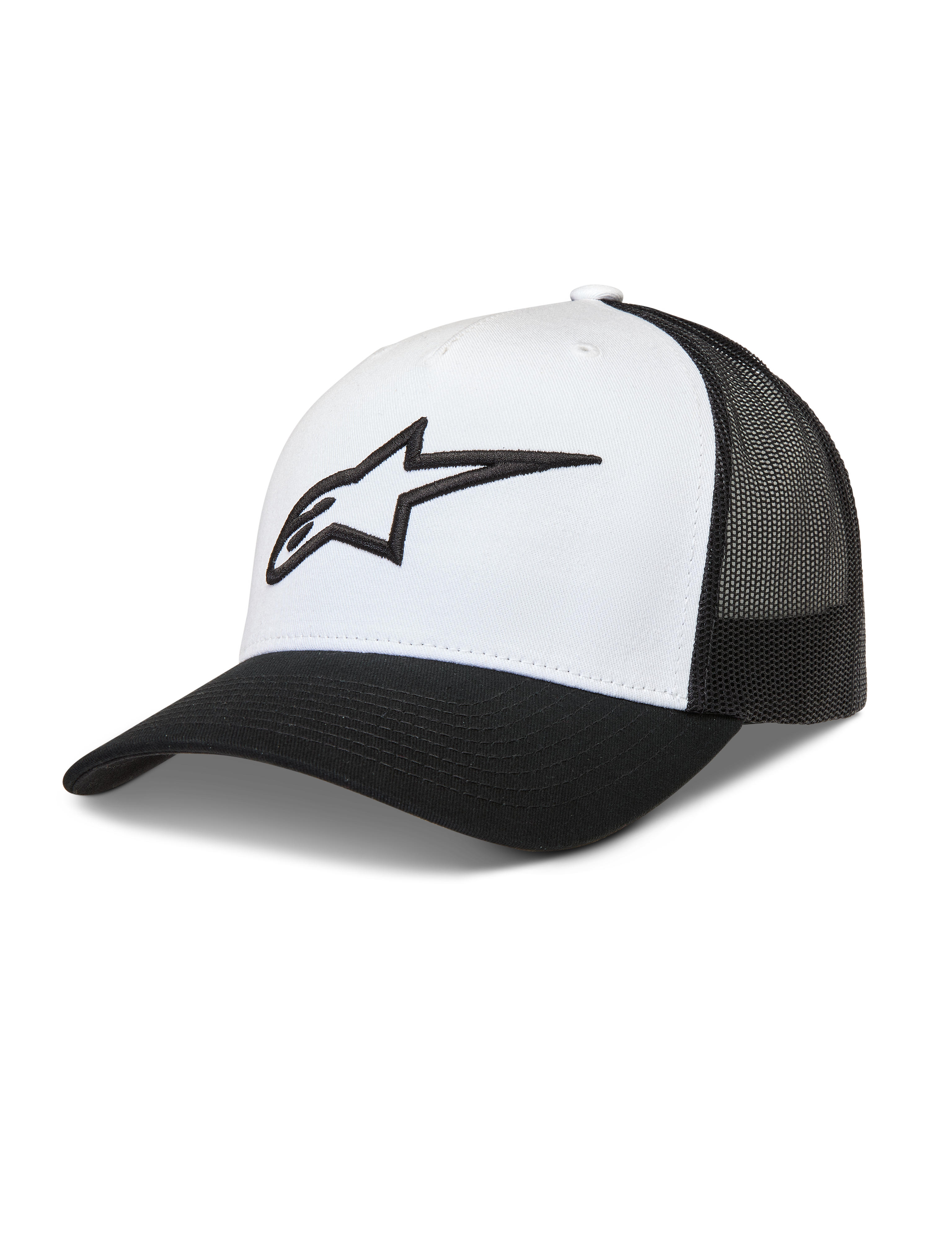 Alpinestars Ageless Snapback Hat, white and black trucker style with structured crown, mesh back, and 3D Astars logo.