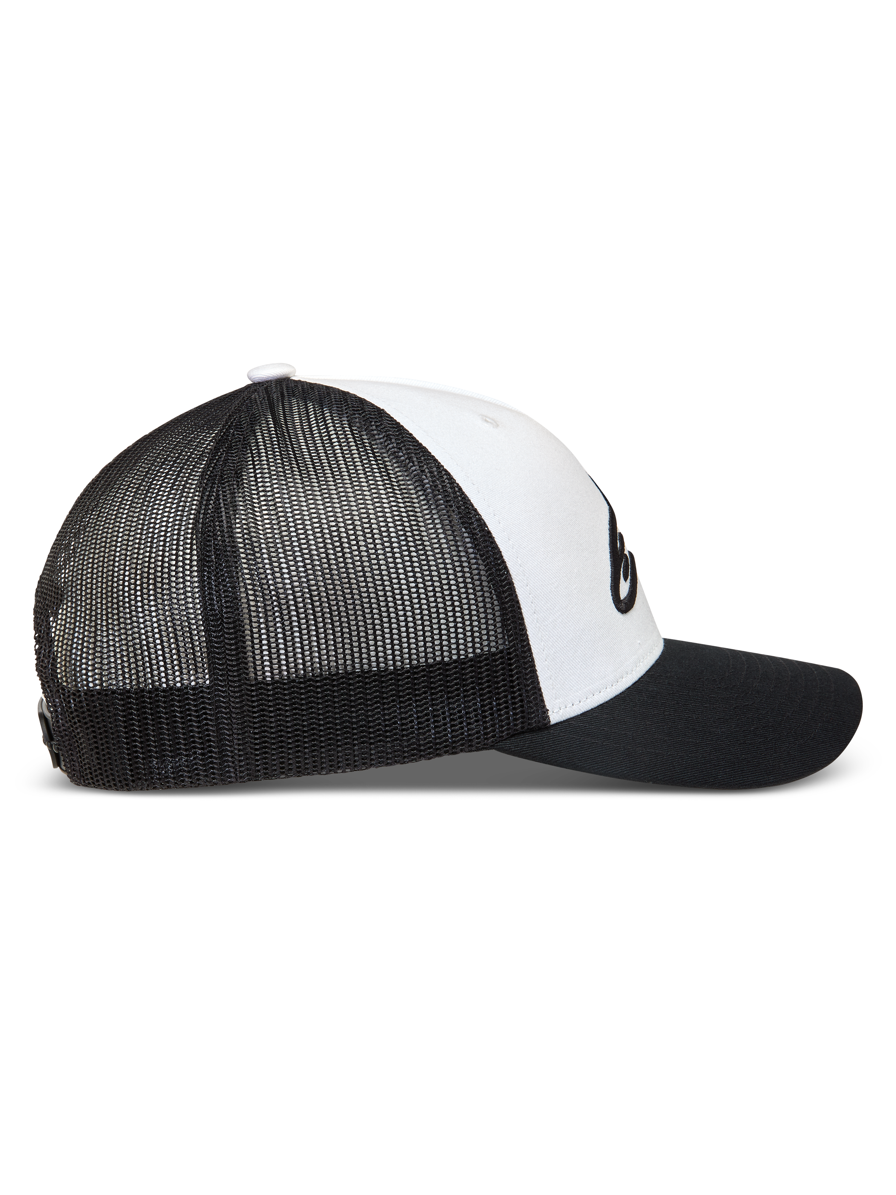 Alpinestars Ageless Snapback Hat, sportswear trucker cap in Black and White with mesh back and curved bill.